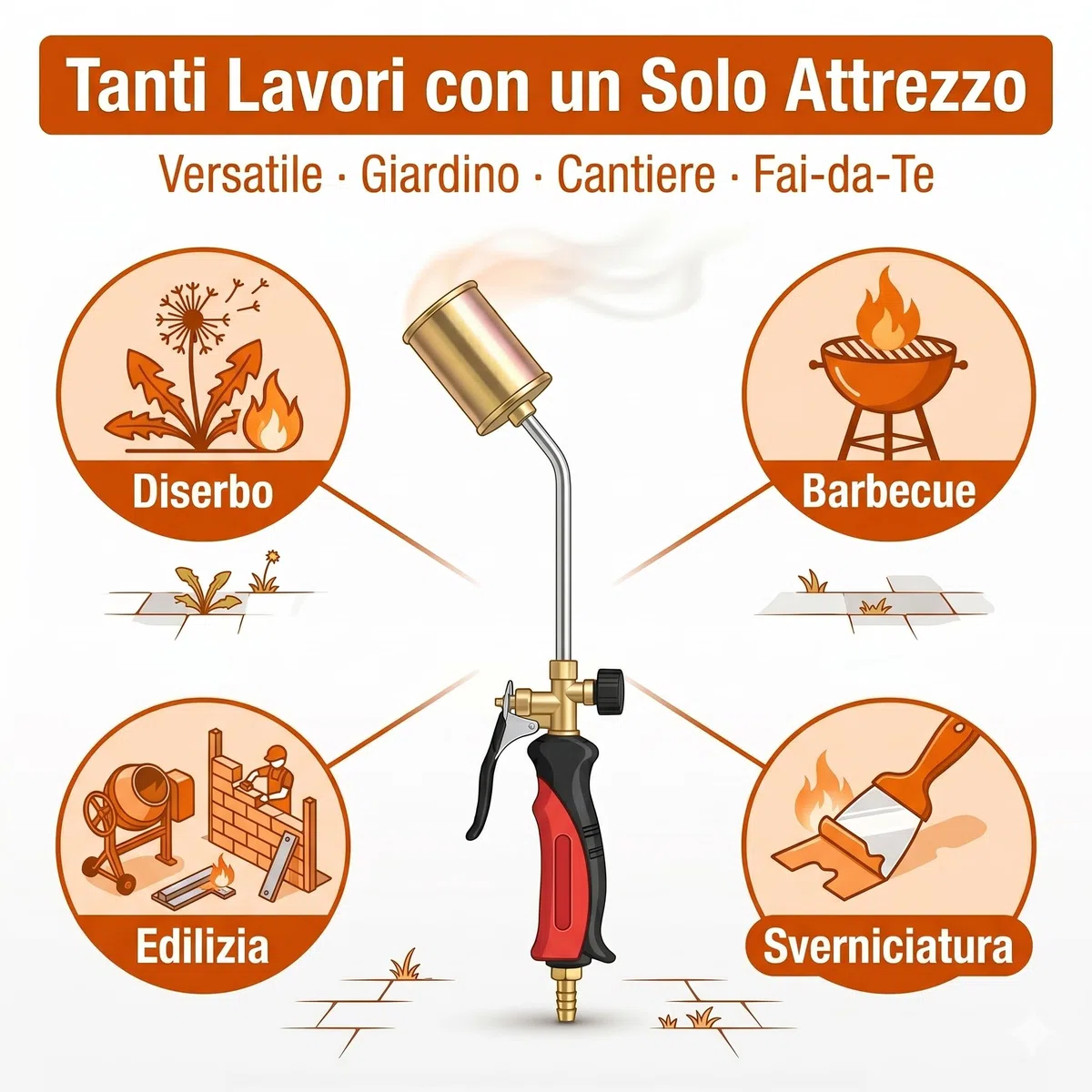Lemag Cannello da Riscaldo a Gas con Leva 60 cm – Kit Completo con Chiave Tubo 2m e 2 Fascette – Bruciatore Ø45mm per Diserbo Termico Accensione e Sverniciatura – Cannello GPL | Made in Italy