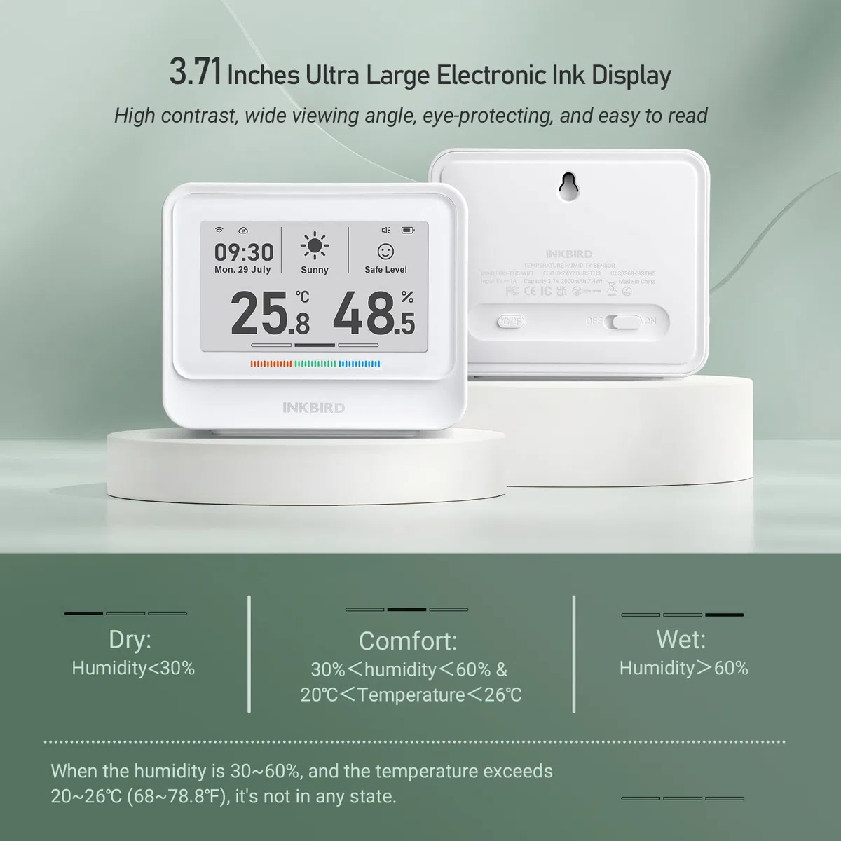 INKBIRD Termometro Igrometro WiFi,IBS-TH5 Sensore Temperatura Wifi,Tempo Reale Meteo e Previsione,E-ink Display,APP Controllo,Notifica di Allarme,Stazione Meteo WiFi per Casa,Ufficio,Cameretta,Serra