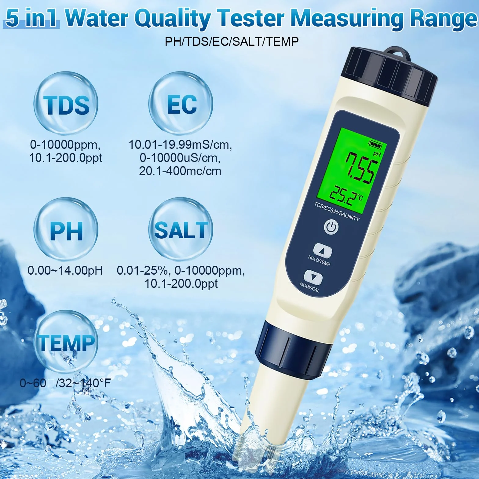Tester digitale di qualità dell'acqua 5 in 1, PH/TDS/EC/Salinità/Termometro, Schermo LCD con compensazione automatica della temperatura, Tester dell'acqua per acqua potabile, acquario, piscina