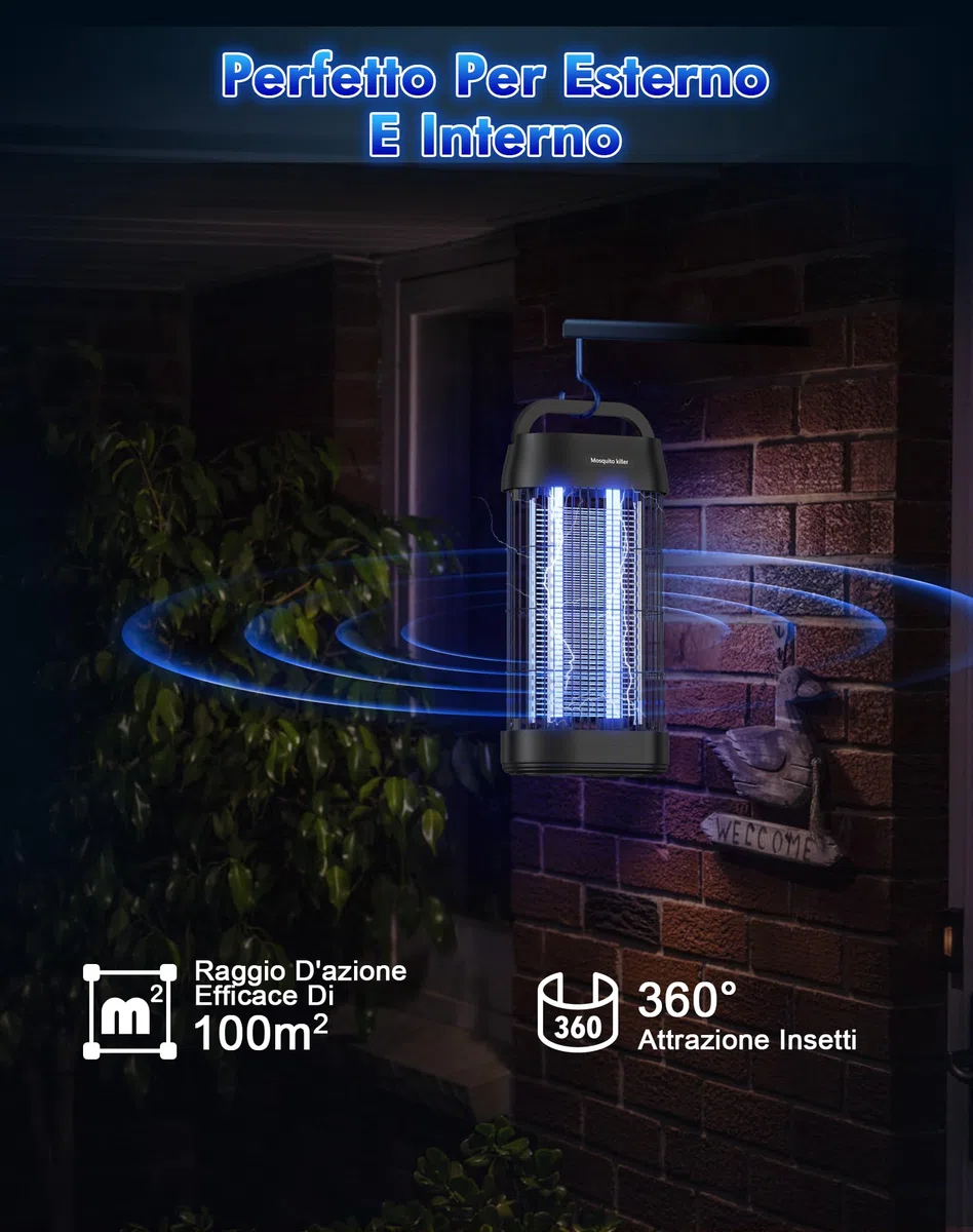Lampada anti-zanzara 3000 V, uccide mosca elettrica UV 16 W, trappola zanzara con gancio portatile, sicura, ecologica e silenziosa, per interni ed esterni (100 m²)