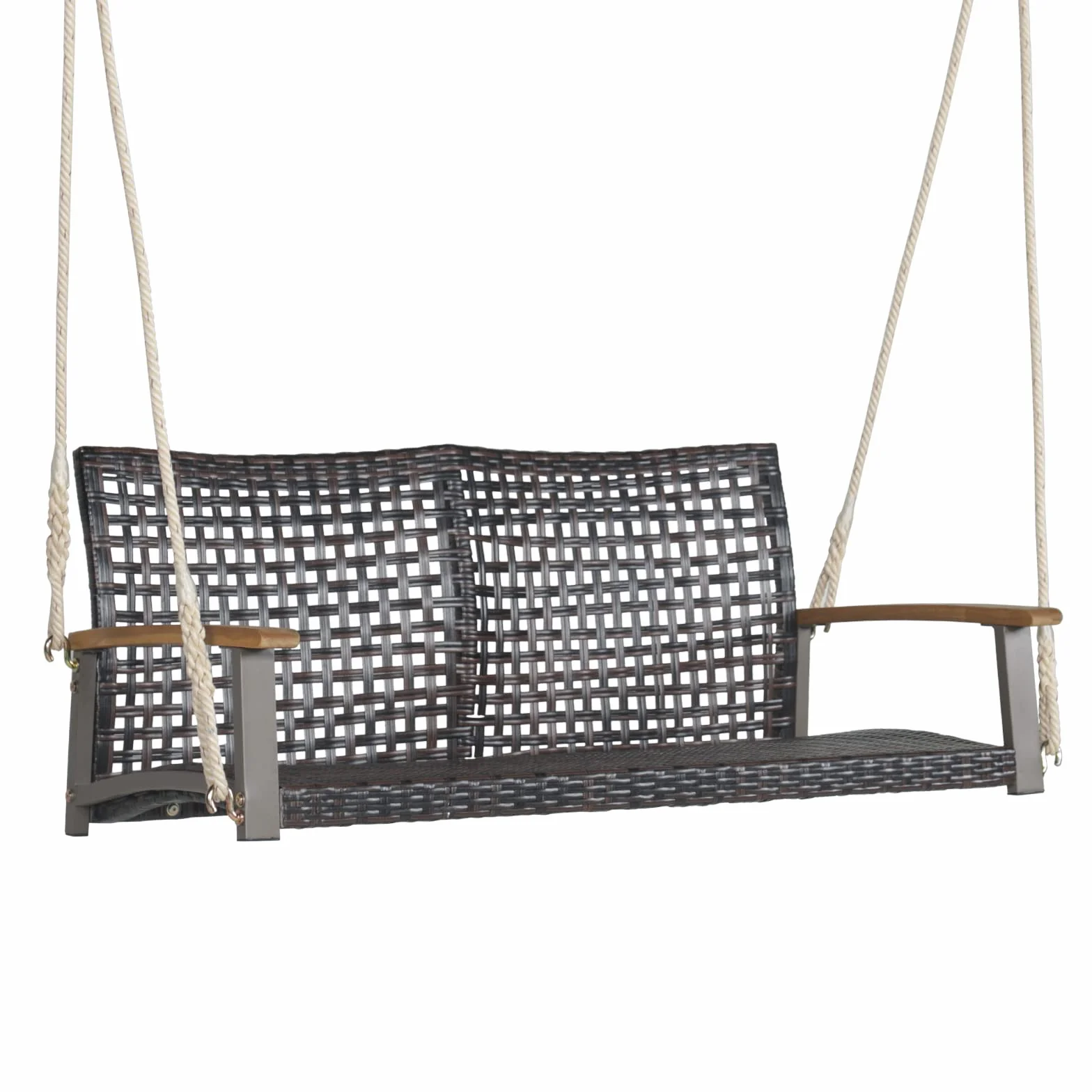 LIFEZEAL Altalena Sospeso con 2 Posti da Giardino, Dondolo Doppia in Rattan PE con Corde da Patio, Altalena per 2 Persone da Esterno con Schienale Curvo e Braccioli in Legno, Capacità di Carico 360 kg