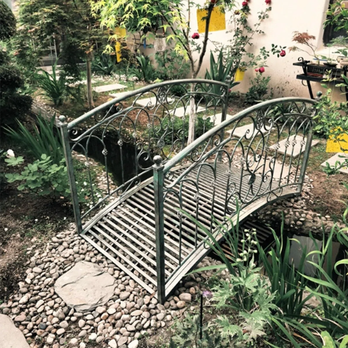 Ponte ad arco in metallo per giardino, passerella decorativa in ferro | Ringhiere di sicurezza per prato, laghetto, giardino, patio, fattoria, cortile