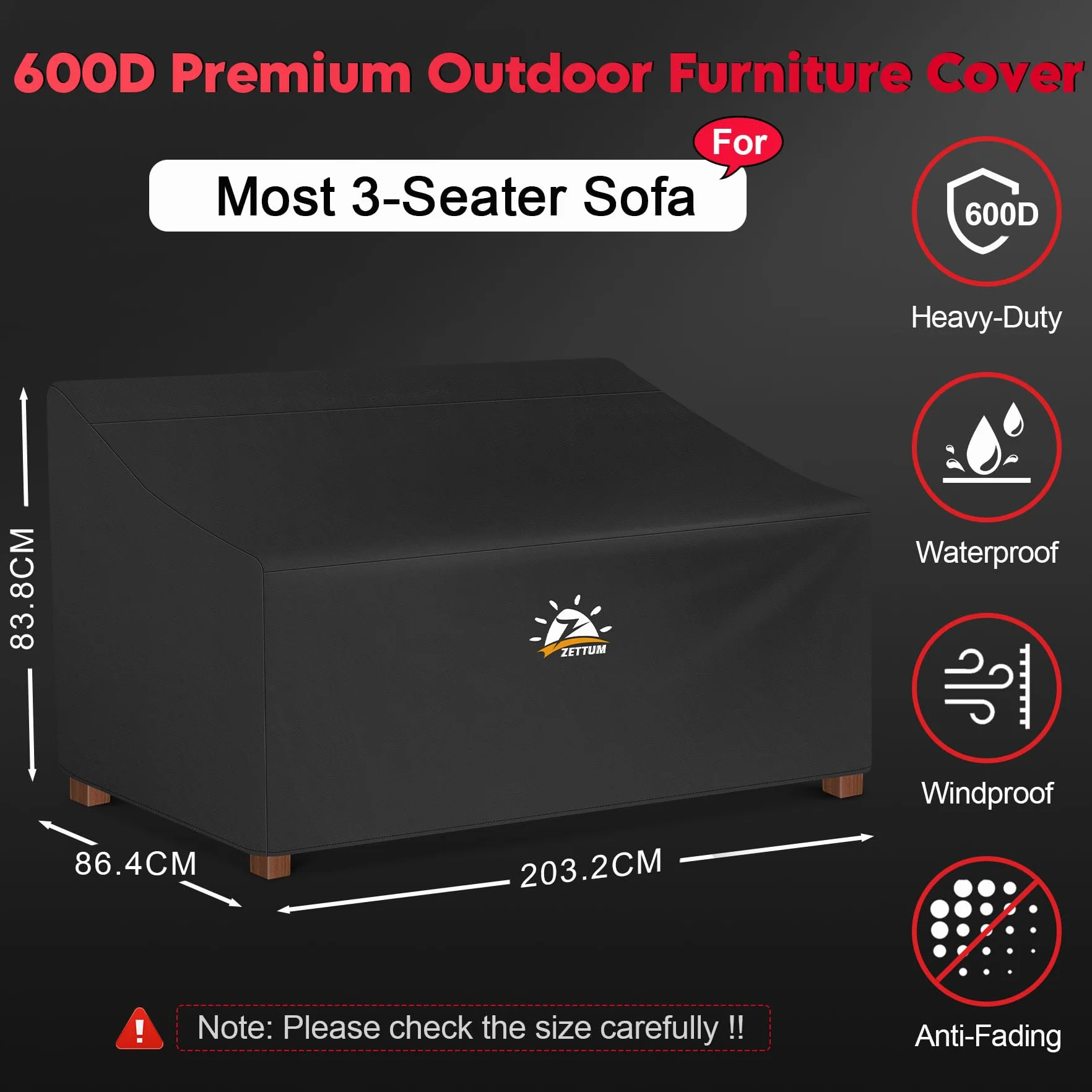 Zettum Copertura per Divano 203 x 86 x 84 cm, Copertura per mobili da Giardino 600D Oxford PU Copertura per divani, Impermeabile e Resistente per mobili Lounge, terrazze