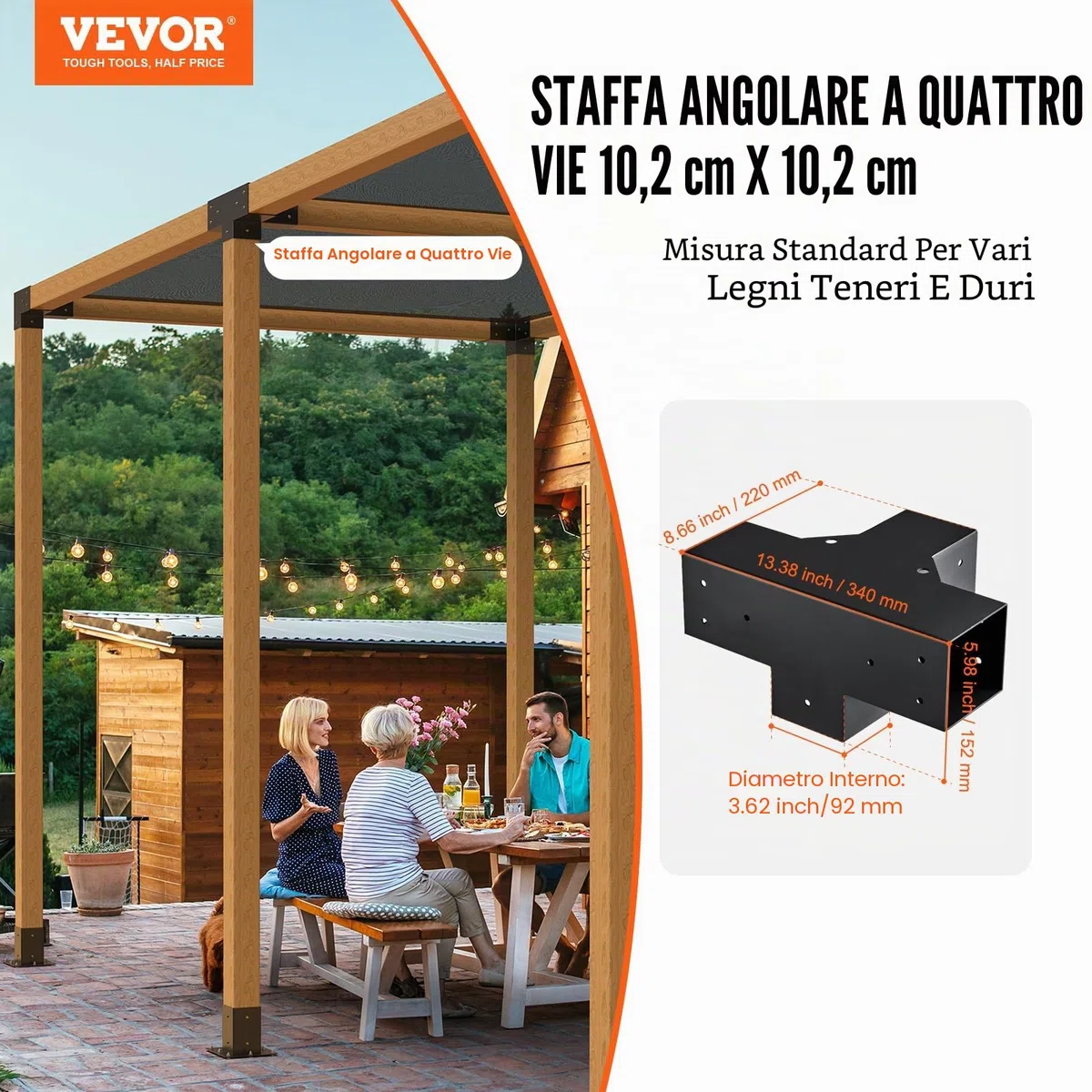 VEVOR Kit Staffe per Pergola 10x10 cm Supporto per Pali in Legno da Carpenteria 2 Staffe Angolari a 4 Vie Kit per Travi Fai da Te per Gazebo, Pergolati da Patio, Cabine, Kit Staffe per Pergola 2 pz