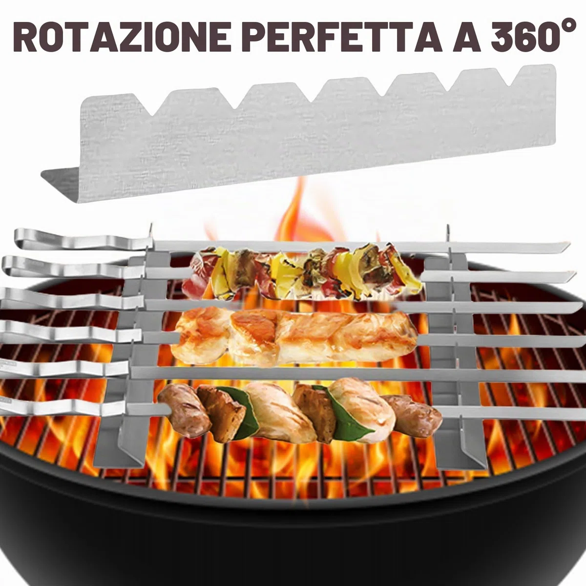 4 Pezzi Griglia Supporto per 6 Spiedini in Acciaio Inox - Accessori per Barbecue, Esterni, Campeggio ed Escursionismo