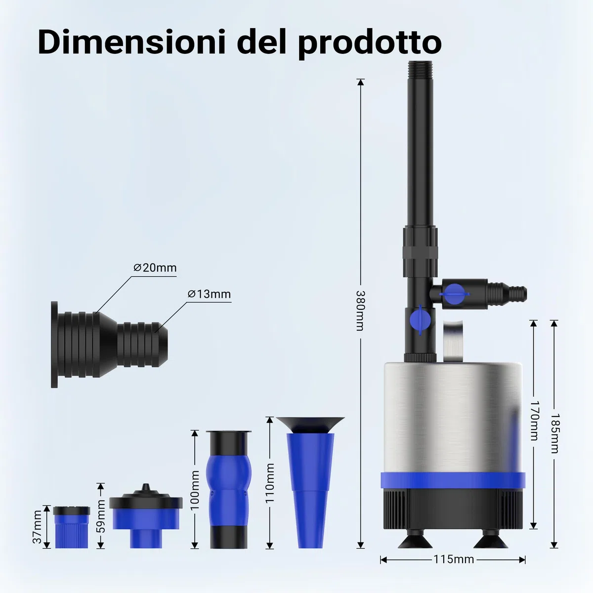 Wiltec Pompa per fontane in acciaio inox da 50 Watt 1.750 l/h Con 3 accessori per giochi d'acqua