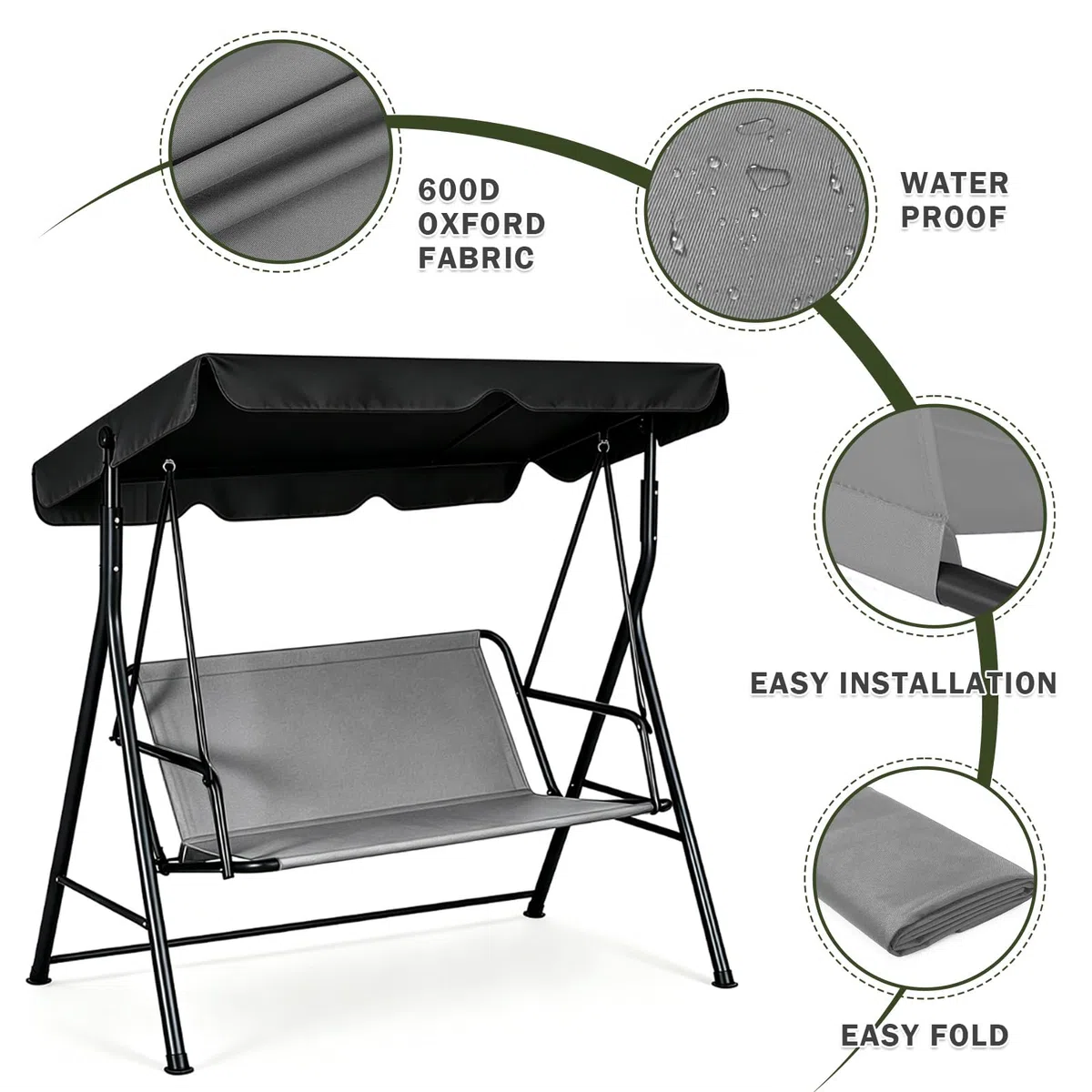 MeYuxg Rivestimento di Ricambio per Dondolo da Giardino, Tessuto Oxford 900D Telo Dondolo Ricambio Impermeabile, per Coprisedile Dondolo da Giardino, 2 o 3 Posti,115 x 48 x 48 CM (Grigio)