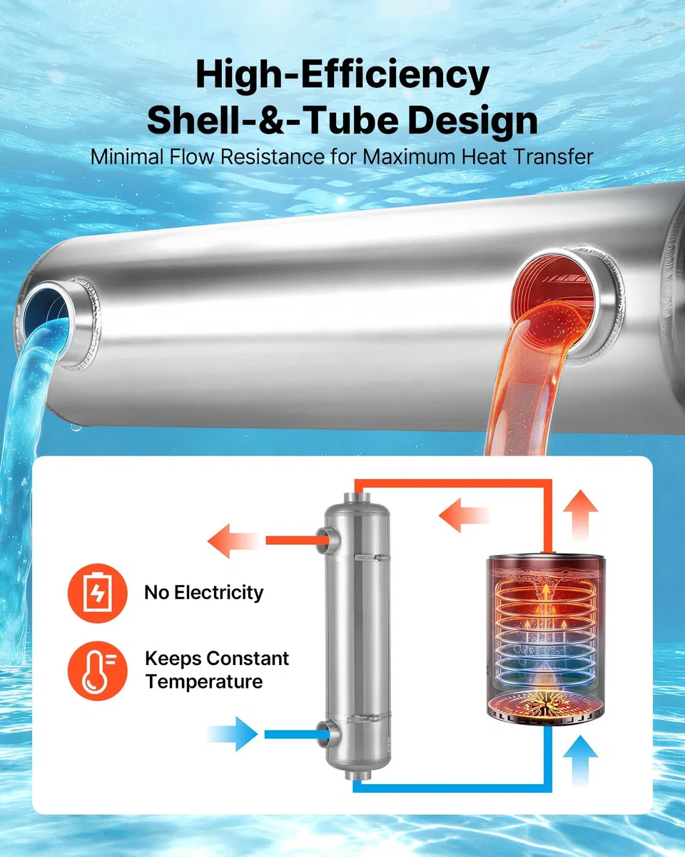 VEVOR Scambiatore di Calore per Piscina 210K BTU, Scambiatore in Acciaio inox 316L, Sistema di Riscaldamento ad Alta Efficienza per Piscina, Spa e Vasche Idromassaggio, per Uso Interno ed Esterno
