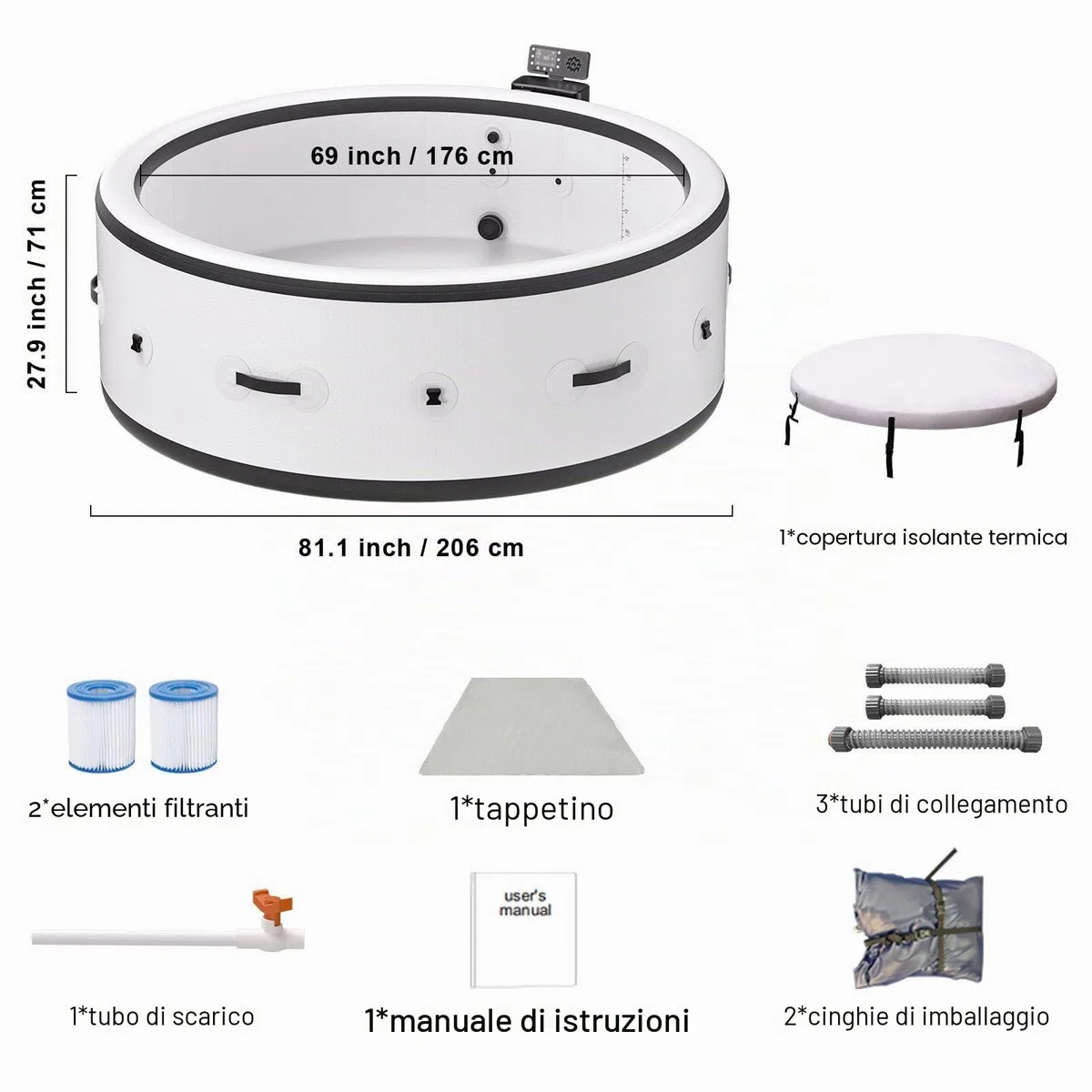 Grande Vasca Idromassaggio Rotonda Portatile per 4-6 Persone, Spa da Esterno con 150 Getti d'Aria, Pompa di Riscaldamento E Copertura Isolante, 81" X 28", per Patio, Giardino E Spazi Aperti
