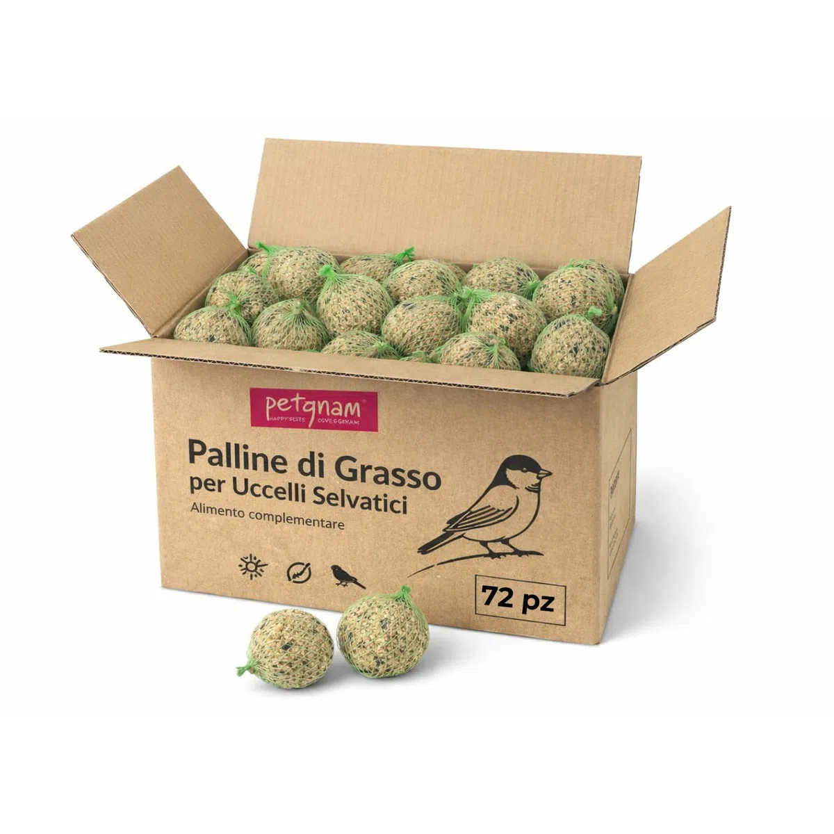 72 Palline di Grasso per Uccelli Selvatici 90 g - Mangime Naturale Senza Olio di Palma - Palle di Grasso ad Alto Valore Nutritivo per Uccellini - Ideali Tutto l’Anno per Giardino e Balcone (72)