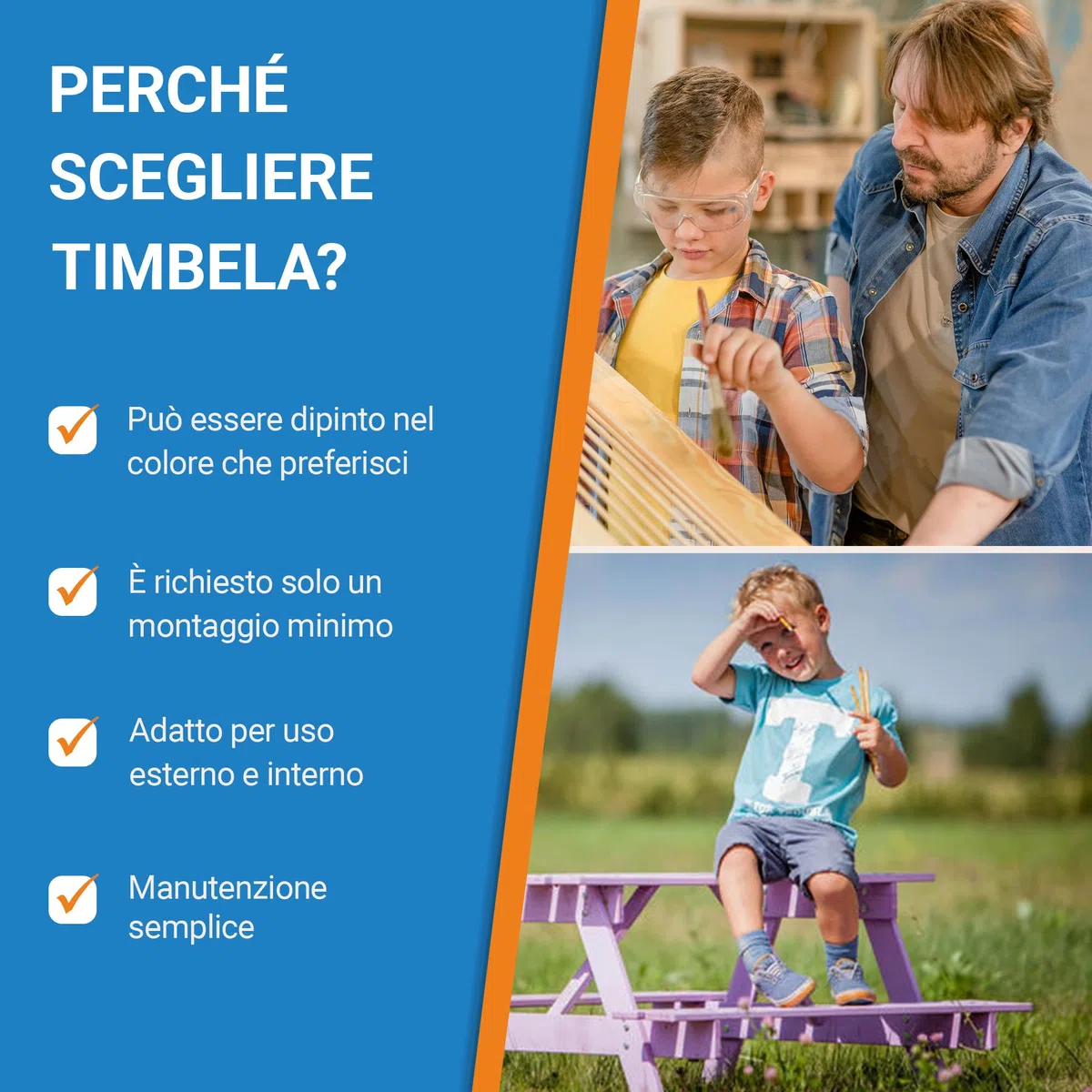 TIMBELA Tavolo da picnic per bambini in legno L90xL90xA50 cm -Gruppo Tavolo con panche M018-1