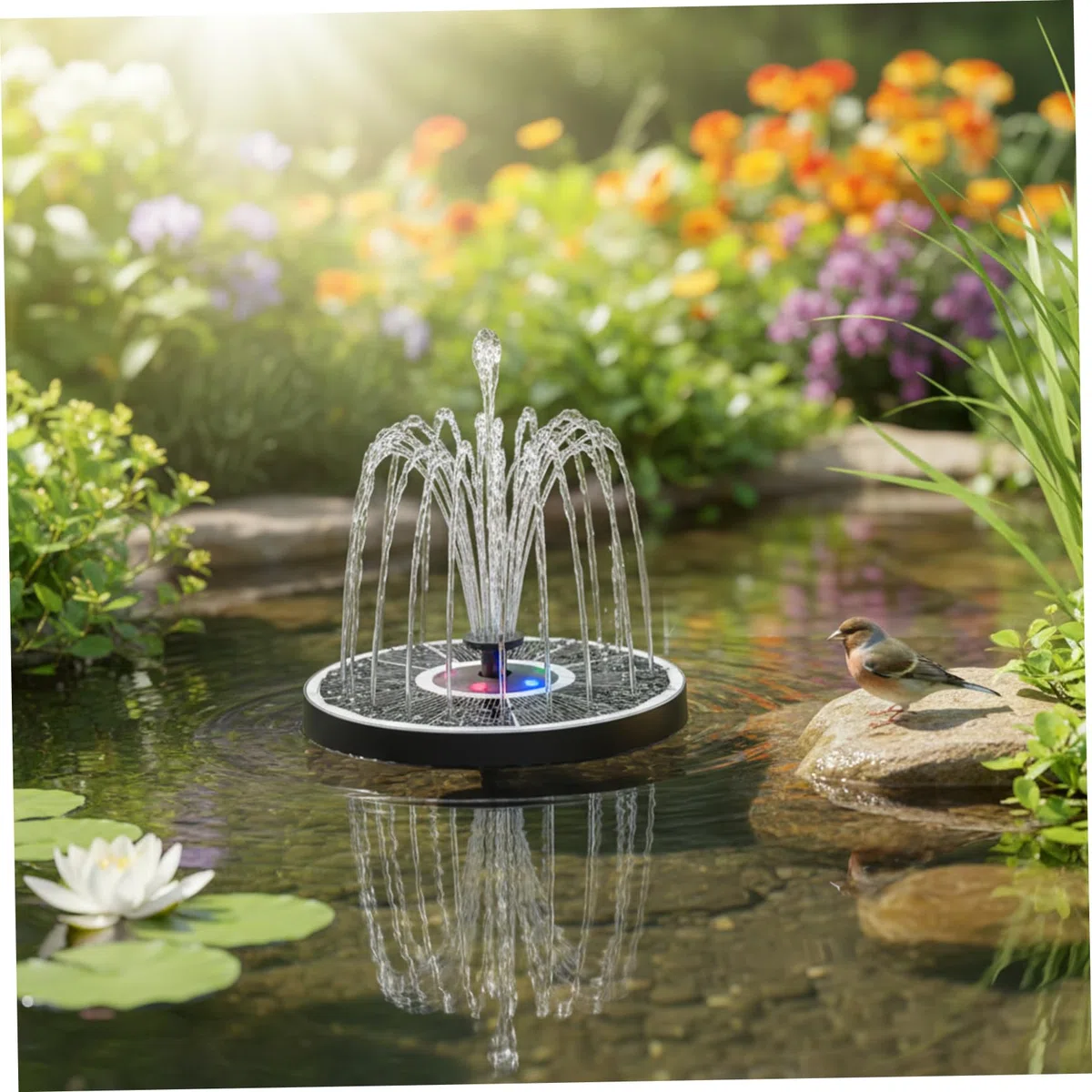 Fontana ad energia solare da 16 pollici con luci LED colorate Fontana galleggiante RGB con 6 ugelli spray per il bagno degli uccelli Decorazione da giardino all'aperto