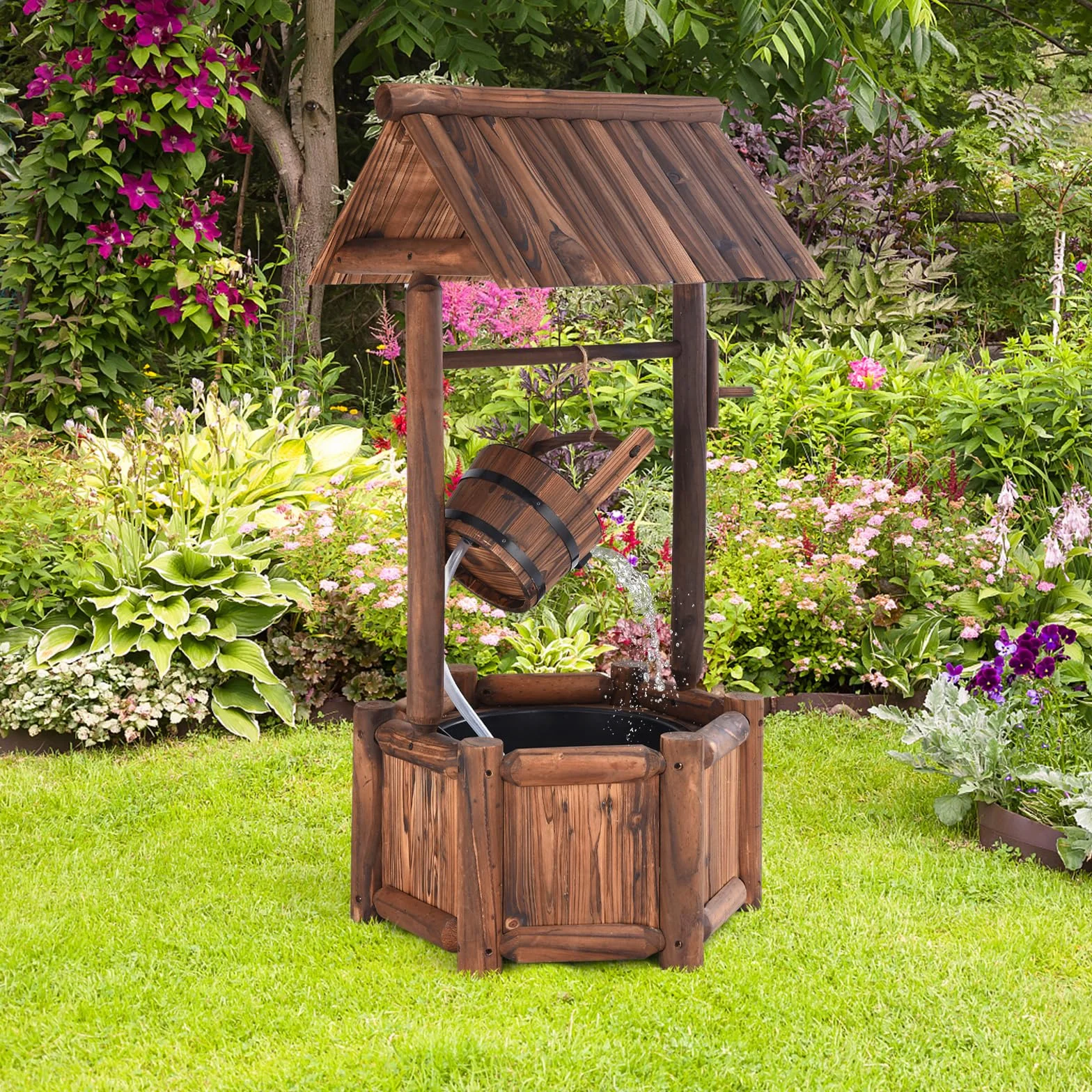 RELAX4LIFE Pozzo da Giardino, Pozzo Decorativo in Legno d'Abete con Tetto, Resistente alle Intemperie, Ideale per Giardino, Cortile e Terrazzo (Con Pompa)