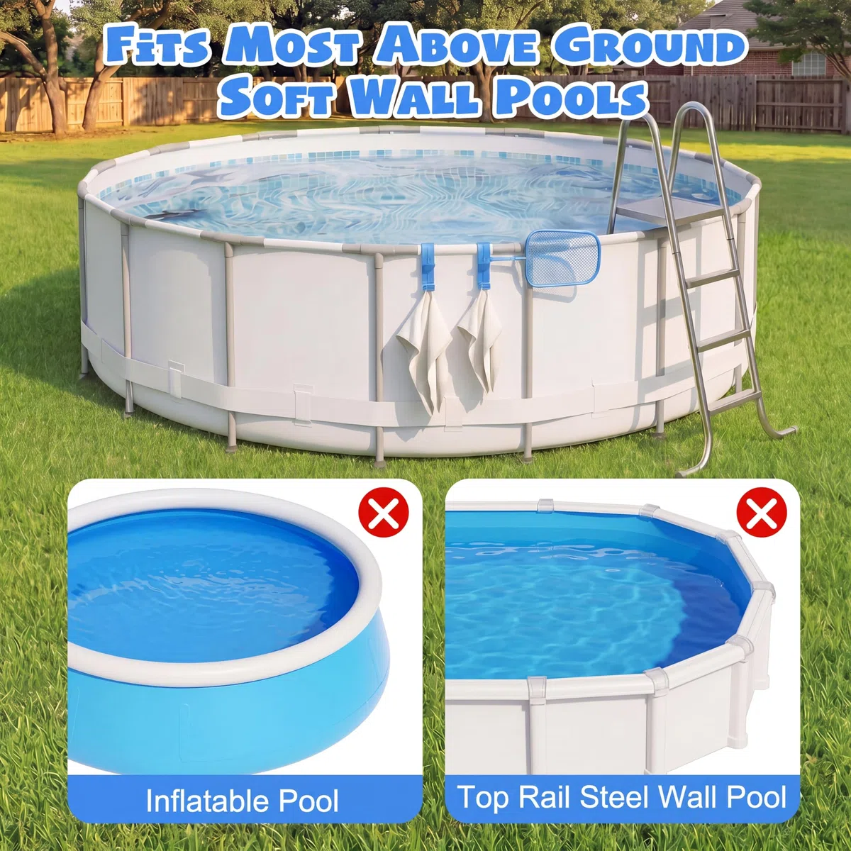 Chumia Confezione da 4 ganci per pali da piscina con 3 ganci, organizer regolabile a bordo piscina, accessori per piscina fuori terra, con asta di supporto per rete skimmer, spazzola, tubo di
