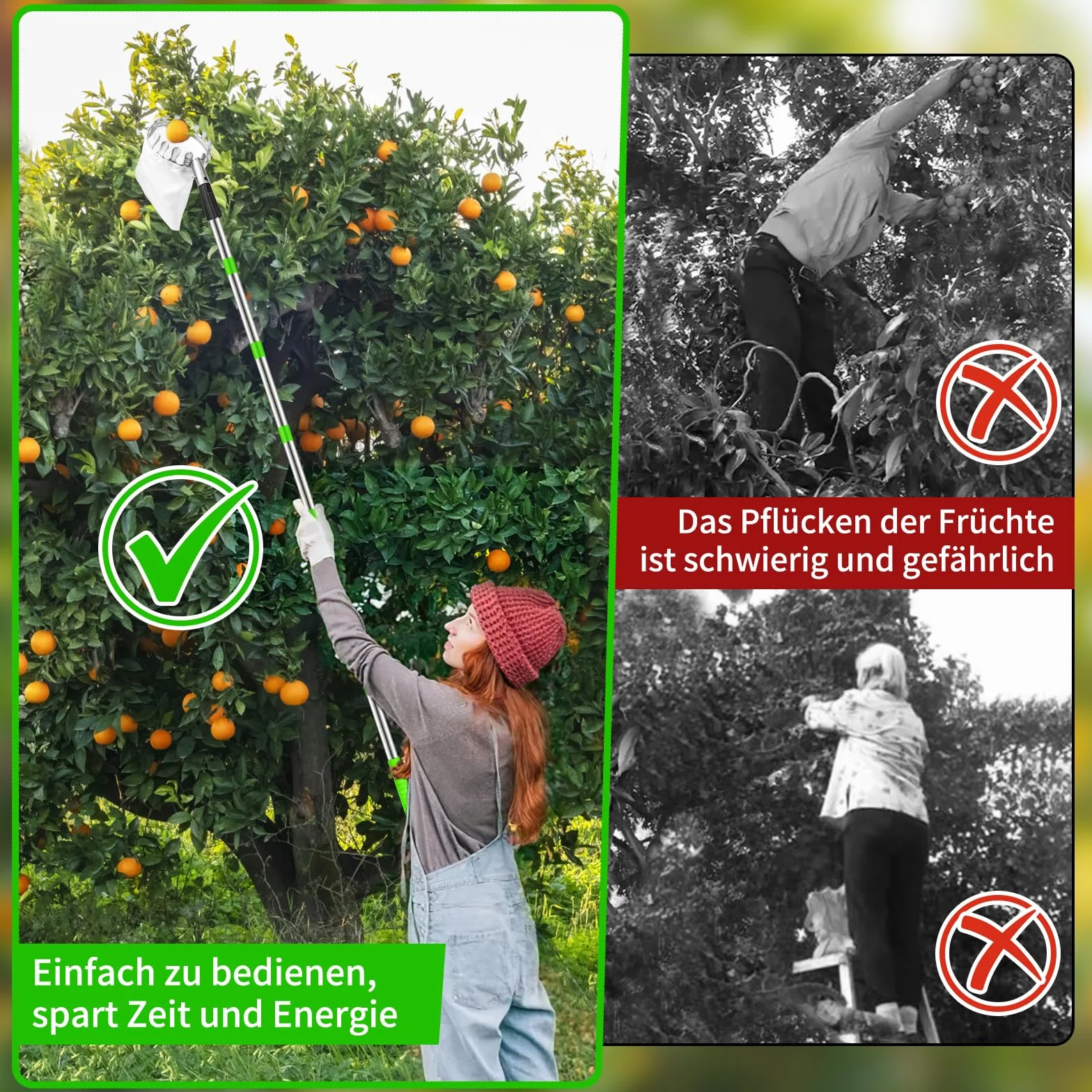Dreamtop Raccogli Frutta Telescopico 2,8 m, Inox Raccogli Frutta da Albero con Borsa di Tela Extra Spesso, Regolabile Raccoglifrutta per Fichi Nespole Mele Ciliegie