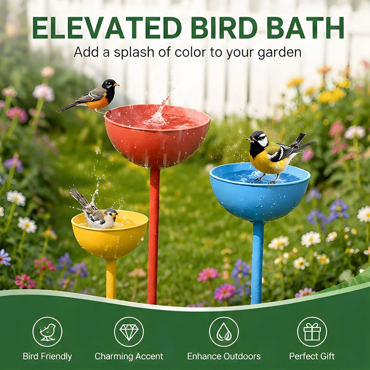 Ciotole per l ' Acqua da Giardino, 3 paletti in Metallo per Bagno degli Uccelli da Giardino per Prati, aiuole Fiorite, Bordi del Giardino, Angoli Esterni e Accenti Floreali