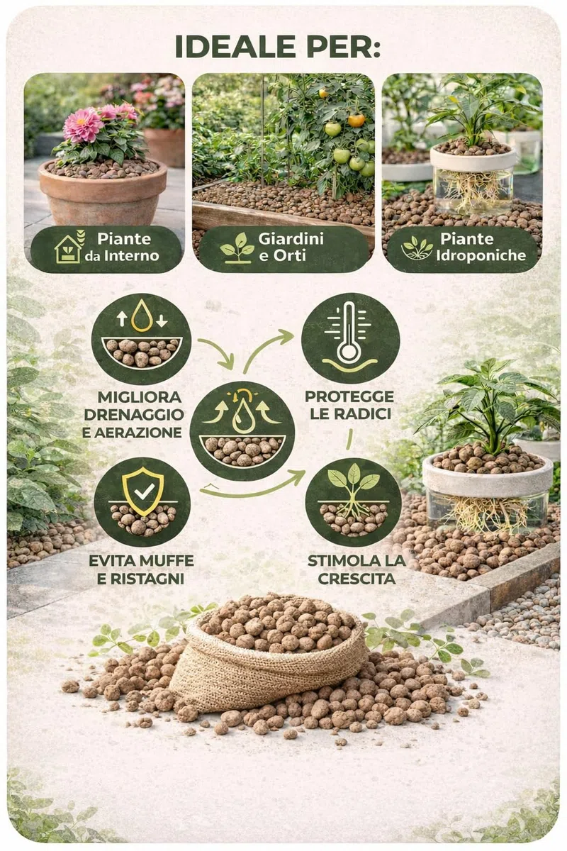 LEADER, Argilla Espansa, Da Giardinaggio e Coltivazione, Per Piante da Interno, Giardini, Terrazzi, Orti e Piante Idroponiche, Migliora Salute delle Piante e la Struttura del Suolo, Sacchetto da 10L