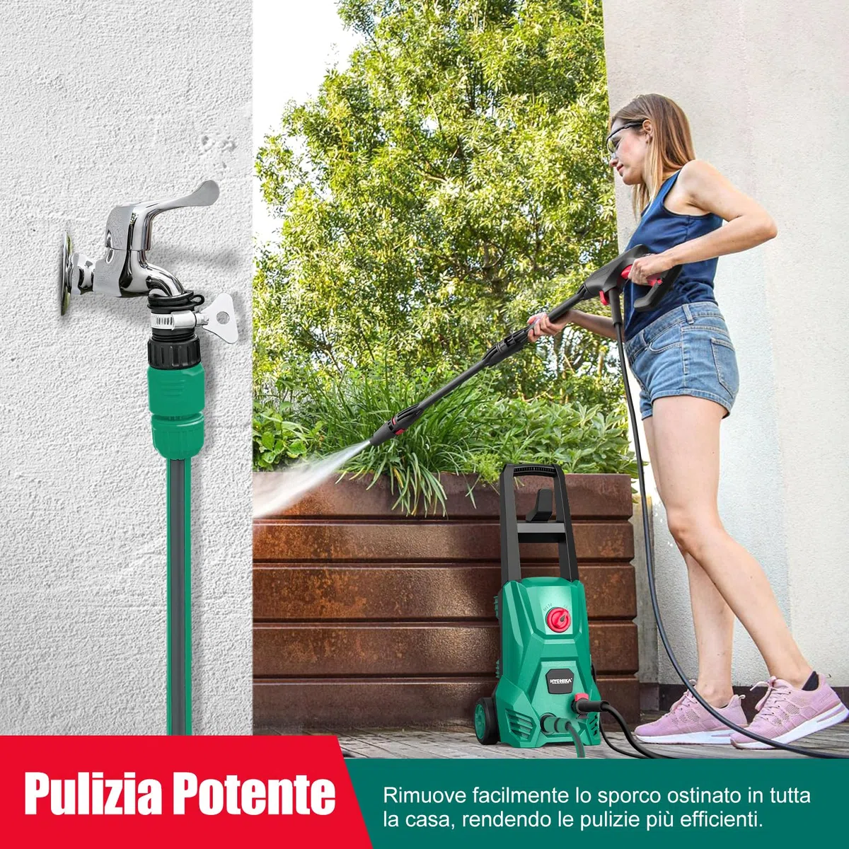 HYCHIKA Idropulitrice, 110 Bar Max Portata 410 l/h 1500W Lavatrice Portatile per con Serbatoio di Schiuma, Tubo Flessibile ad alta Pressione 5m, Cavo 5m, perfetta per Recinzione Auto Cortile
