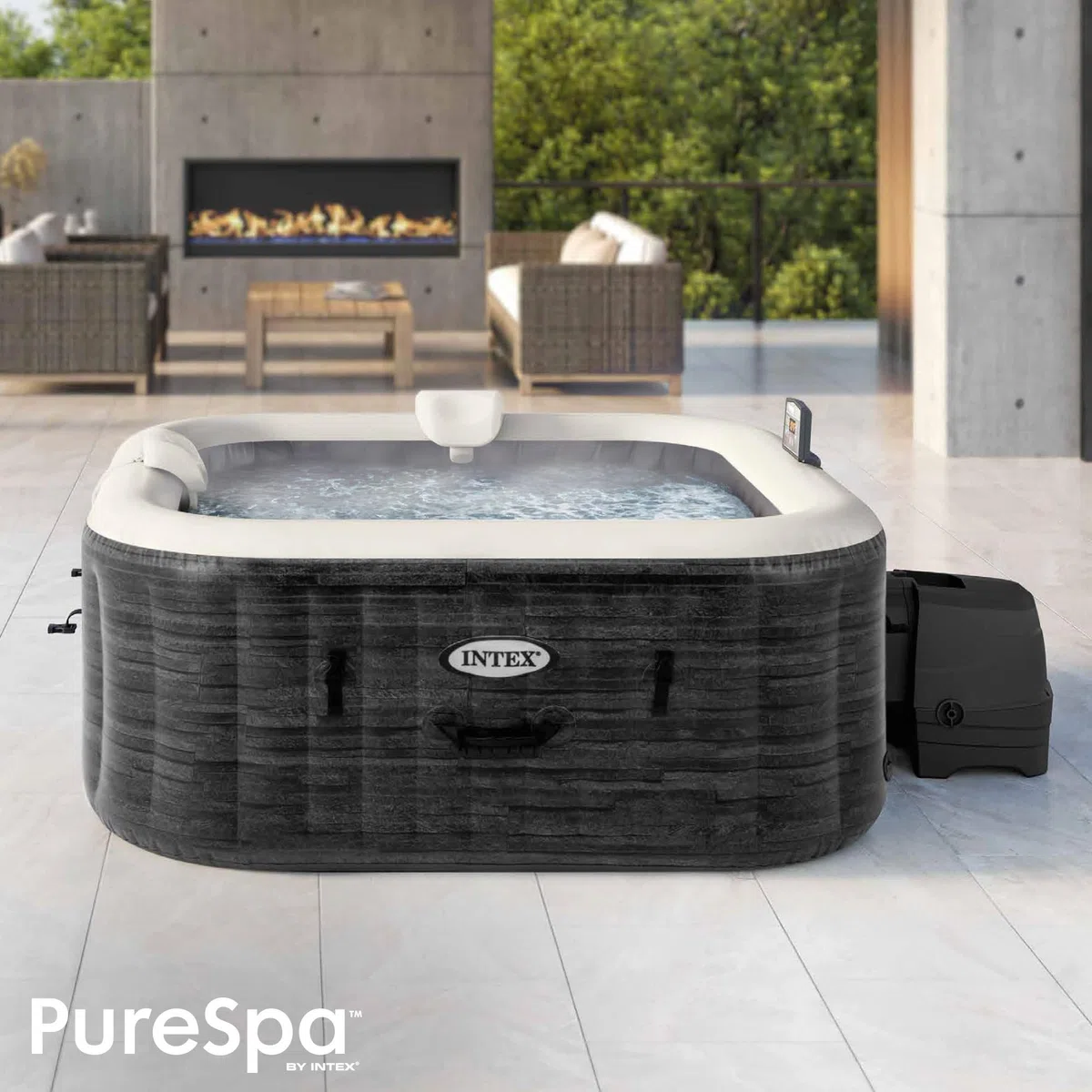 Intex 28450NP - Idromassaggio Gonfiabile Quadrato PureSpa Greystone Deluxe, 4 Posti, 140 Getti, PVC, Grigio, 175x175x71 cm