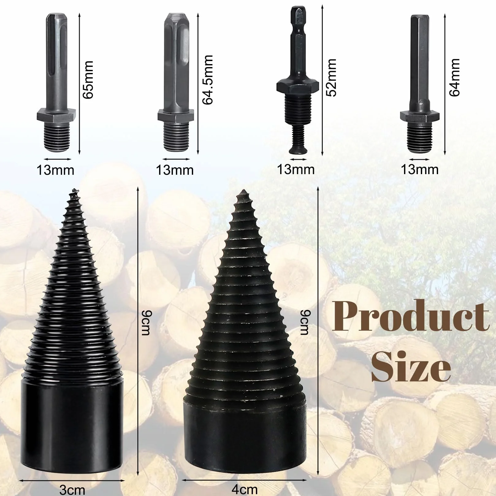 Herbst - Set di 2 spaccalegna a vite coniche con 4 manici da 42 mm + 32 mm, cono per spaccalegna per legno
