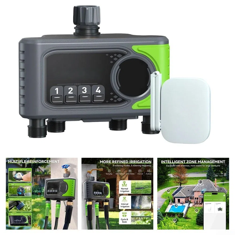 Timer per irrigazione WiFi a 4 zone, controller intelligente per irrigazione da giardino con app e controllo vocale, programma di irrigazione basato sulle condizioni meteorologiche per sistema di tubi