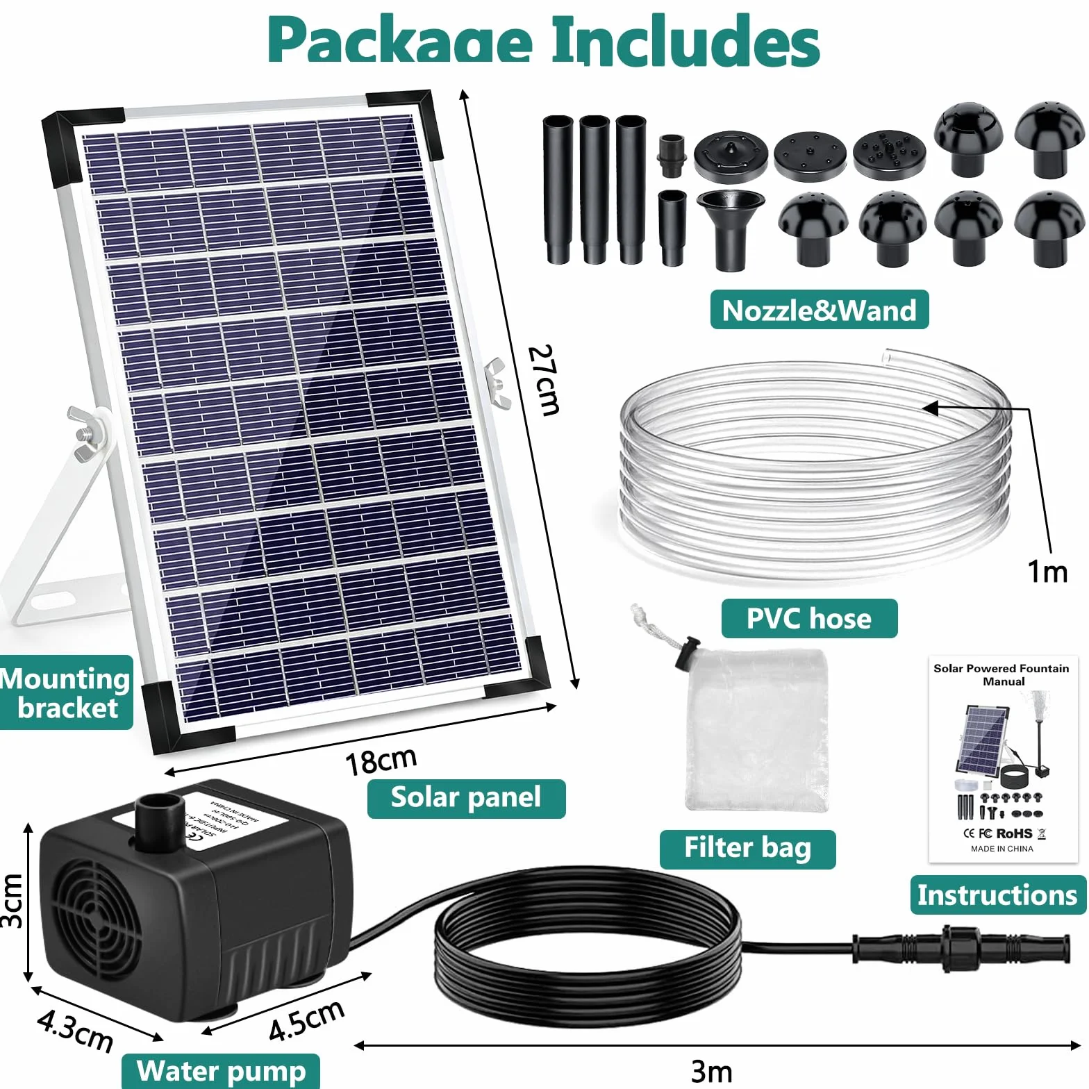 Fontana Solare,5W Pompa Solare per Laghetto,Fontana Solare per Esterna con 1,5 M Tubo,Pompa Solare da Giardino con 5 Ugelli per Abbeveratoio per Uccelli,Contenitori per Pesci,Stagno,Piscina