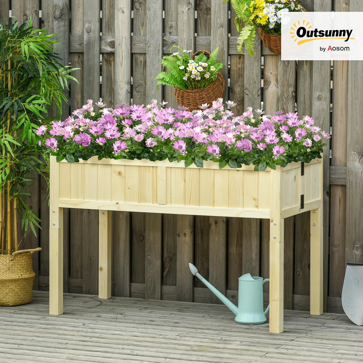 Outsunny Letto per Orto Rialzato Pieghevole, Fioriera da Esterno Rialzata in Abete con 4 Fori di Drenaggio, per Giardino Terrazza Balcone, 115x56x76 cm, Color Legno