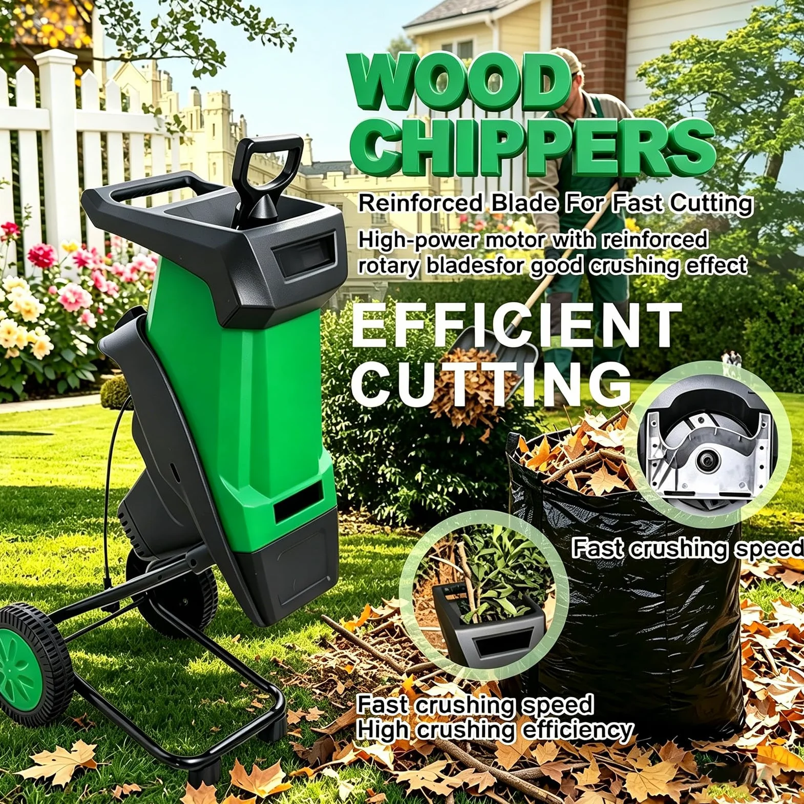 Trituratore Rami e Foglie, bio trituratore Elettrico, 15:1 riduzione, Alta efficienza, Portatile, Protezione sovraccarico, per Giardino e Cortile, ripristina Ordine