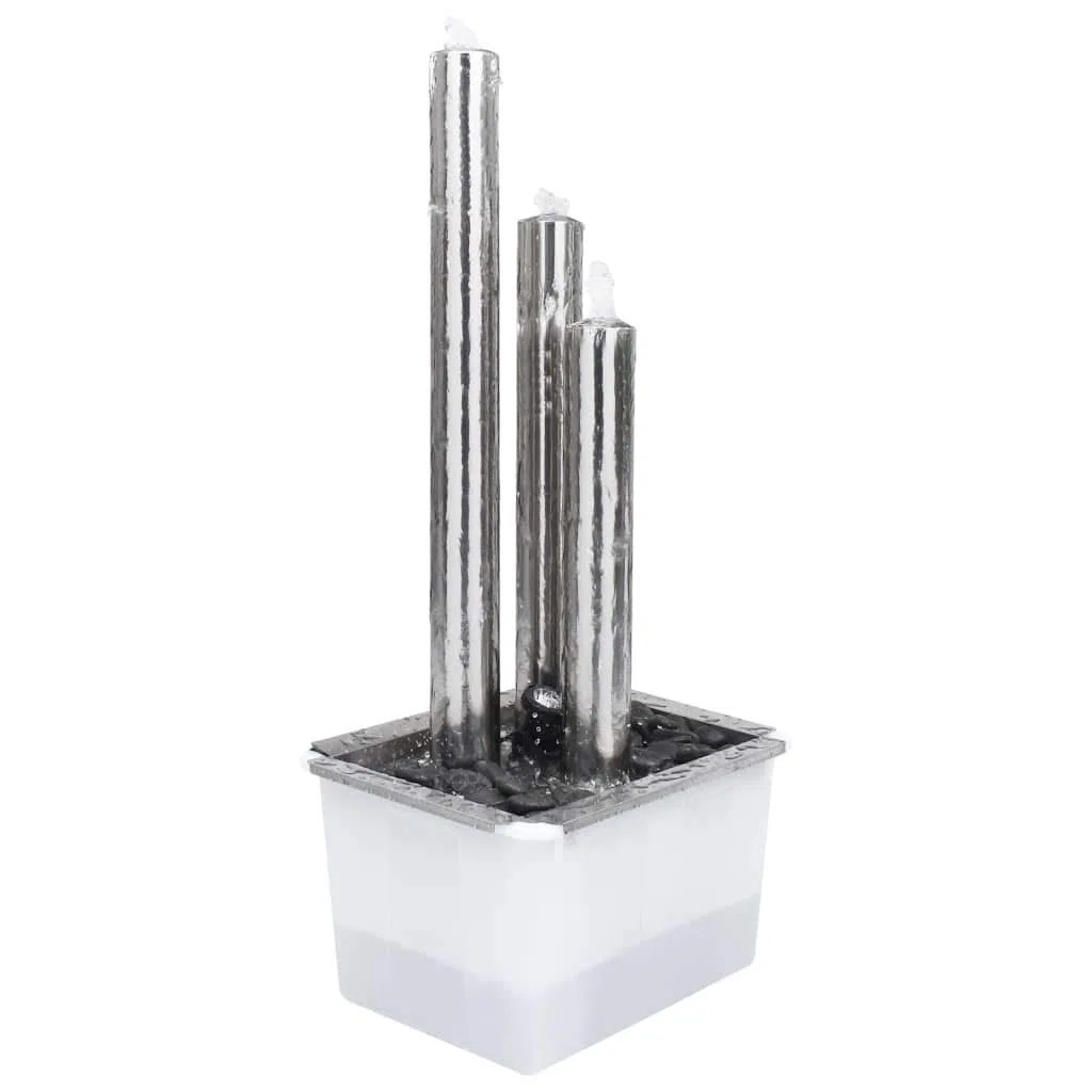 Mangloder Fontana da giardino argentata in acciaio inox, 48 x 34 x 88 cm, con illuminazione a LED, pompa e vasca da 50 l, gioco d'acqua con cascata, per giardino, terrazza, balcone, interni ed esterni