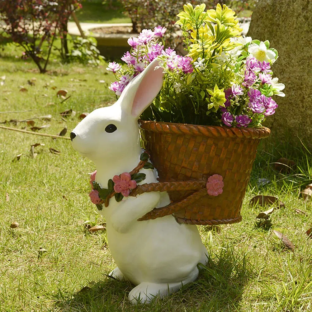 Ornamenti da Giardino Vaso da Fiori Decorativo per Coniglio per Decorazioni da Giardino per Esterni Materiale Resina 30 * 29 Cm (Bianco)