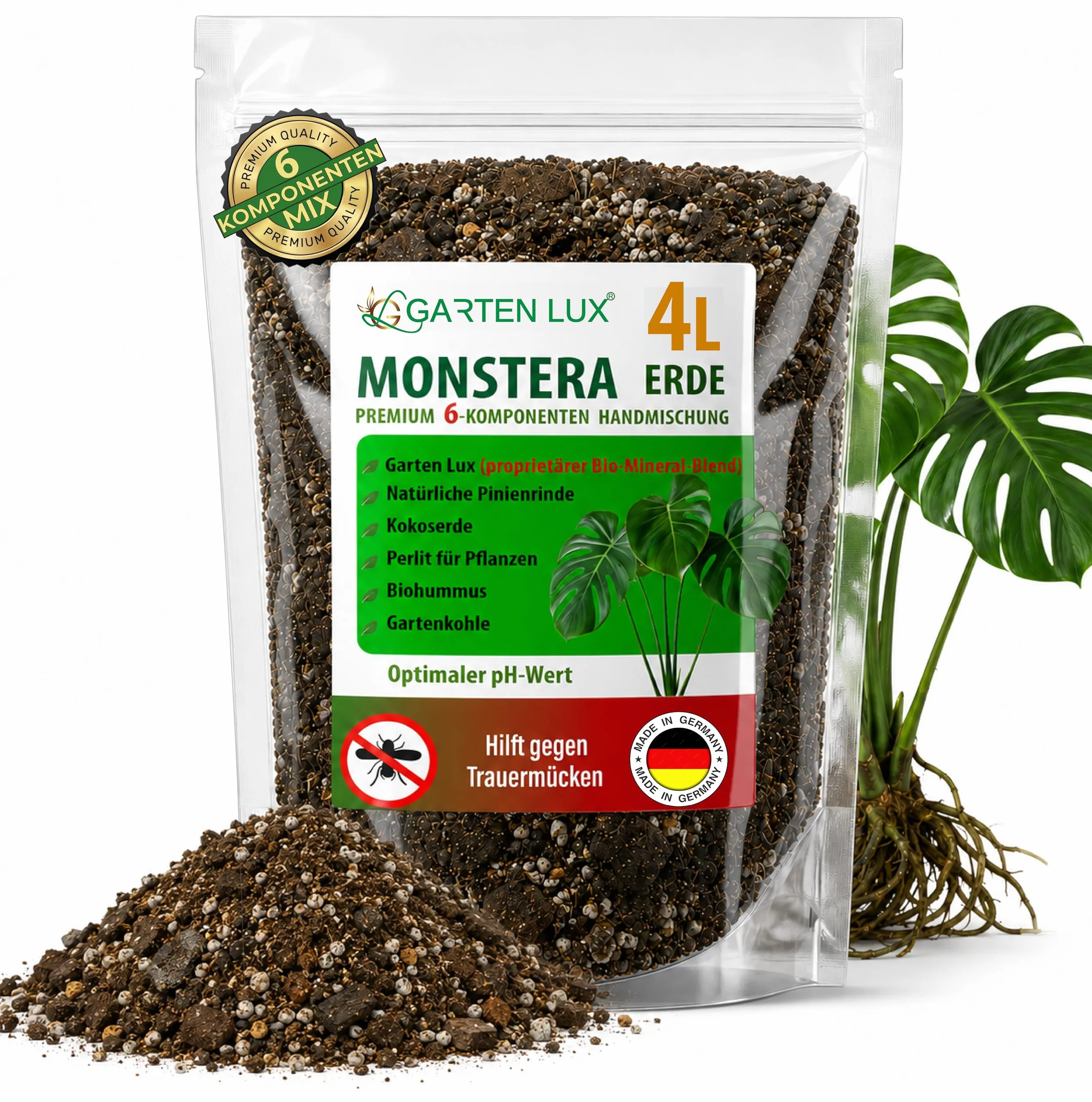 Garten Lux Monstera Terra 4L senza torba - 6-in-1 contro le zanzare lutto | substrato aroideo | terriccio di cocco, perlite, corteccia di pino, biohumus, carbone da giardino + complesso segreto |