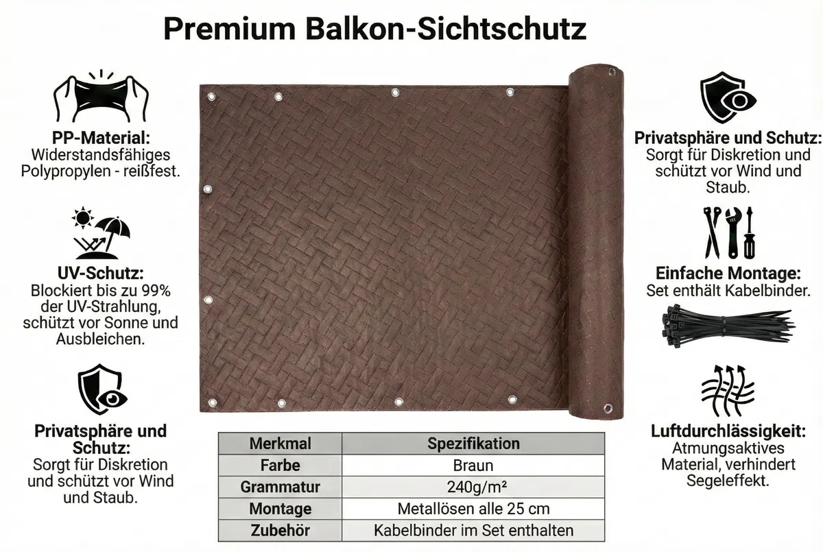COVER IT Frangivista per Balcone Premium 240 g/m² su Misura 70 cm – Frangivista con Trama Goffrata per Balcone, terrazza e ringhiera, Marrone