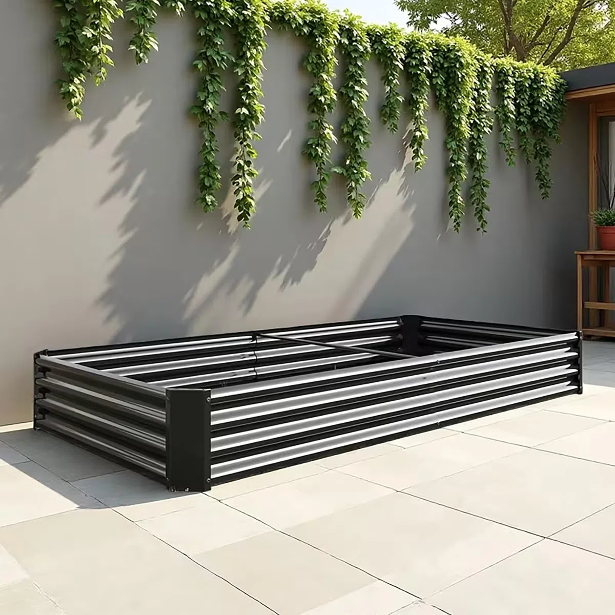 Set di aiuole rialzate in metallo zincato, per giardino, 232 x 113 x 30 cm, set di aiuole rialzate per verdure, fiori grassi, erbe aromatiche, aiuole e vaschetta per piante, rettangolare, nero