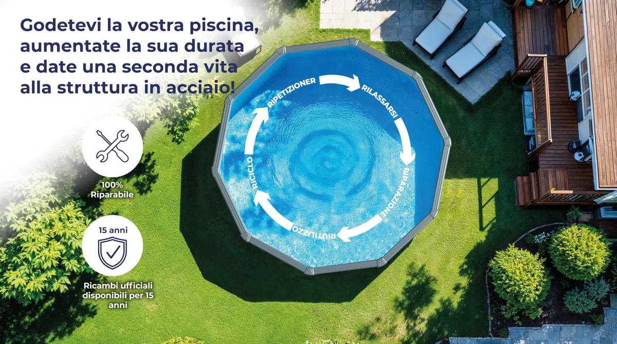 Piscina Gre KITPR458GF Granada. - Piscina fuori terra in acciaio, rotonda con aspetto in acciaio grafite. Piscina scomponibile per Giardino. 460 x 132 cm