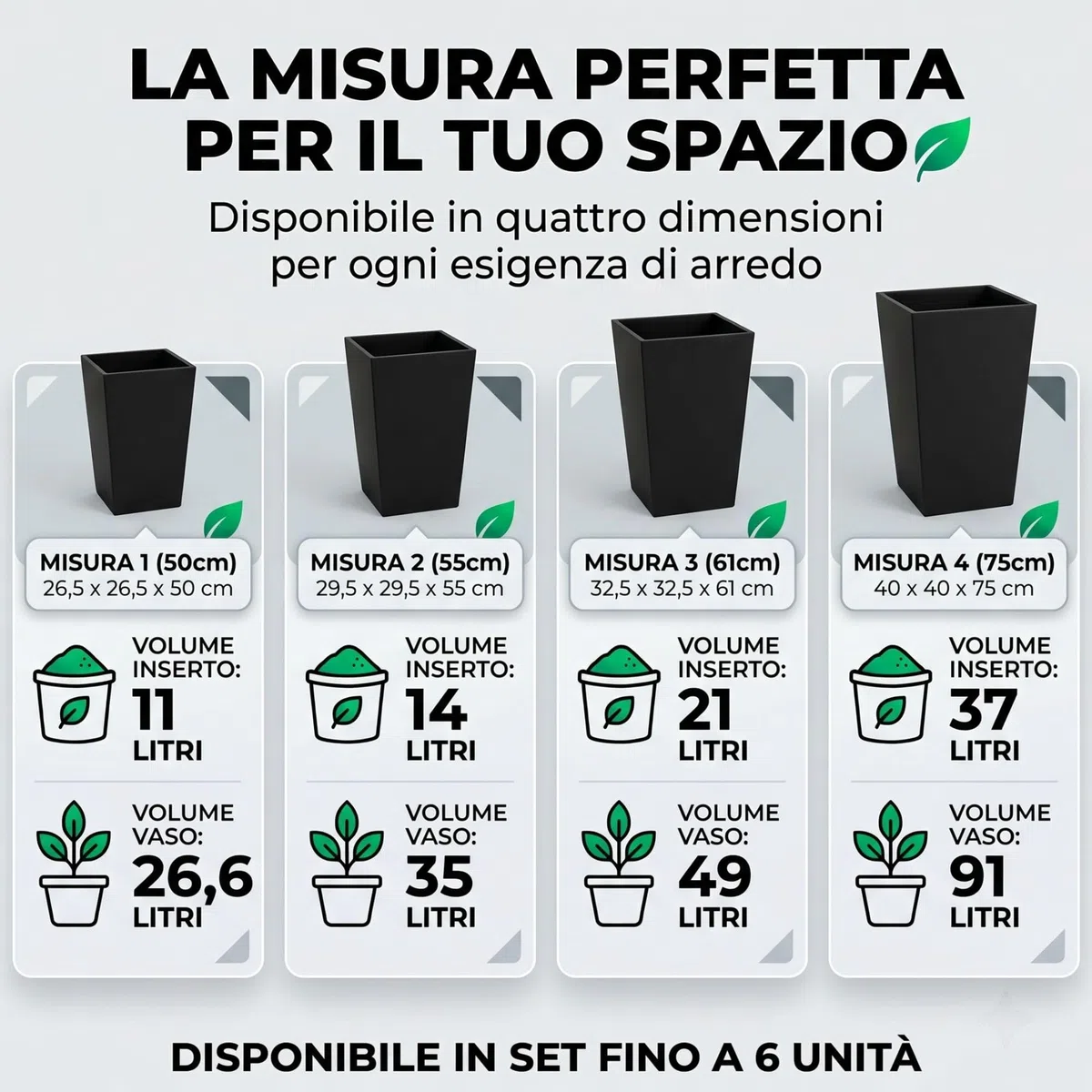 IMJ-Global - 2 Vasi per Piante da Esterno in Plastica Resistente Alle Intemperie, Vasi per Piante da Interno 26,5x26,5x50 cm (26,6L) con Inserto da 11 Litri, Arredamento Casa e Giardini (Nero)