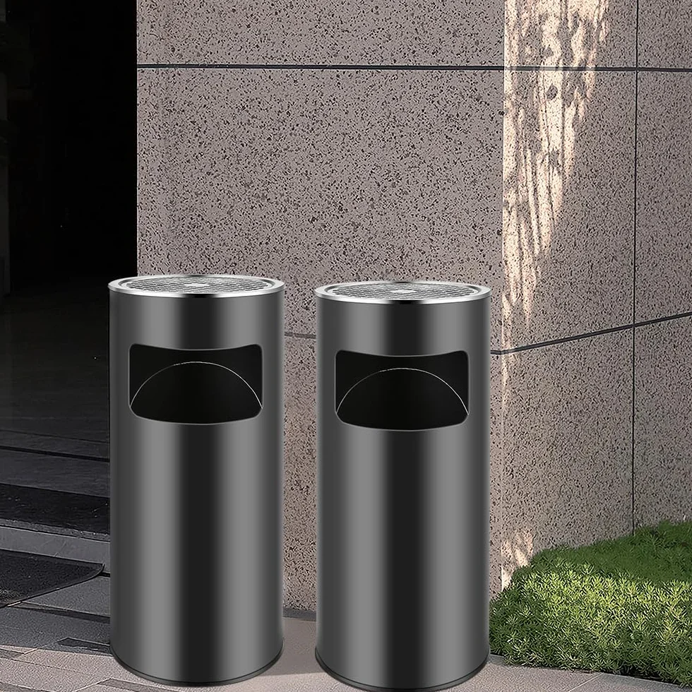 OHMG Contenitore per rifiuti da giardino, 30 L, posacenere rimovibile in acciaio inox, cestino rotondo con bidone e secchio interno, per interni ed esterni, commerciale (25 x 25 x 60 cm (nero))