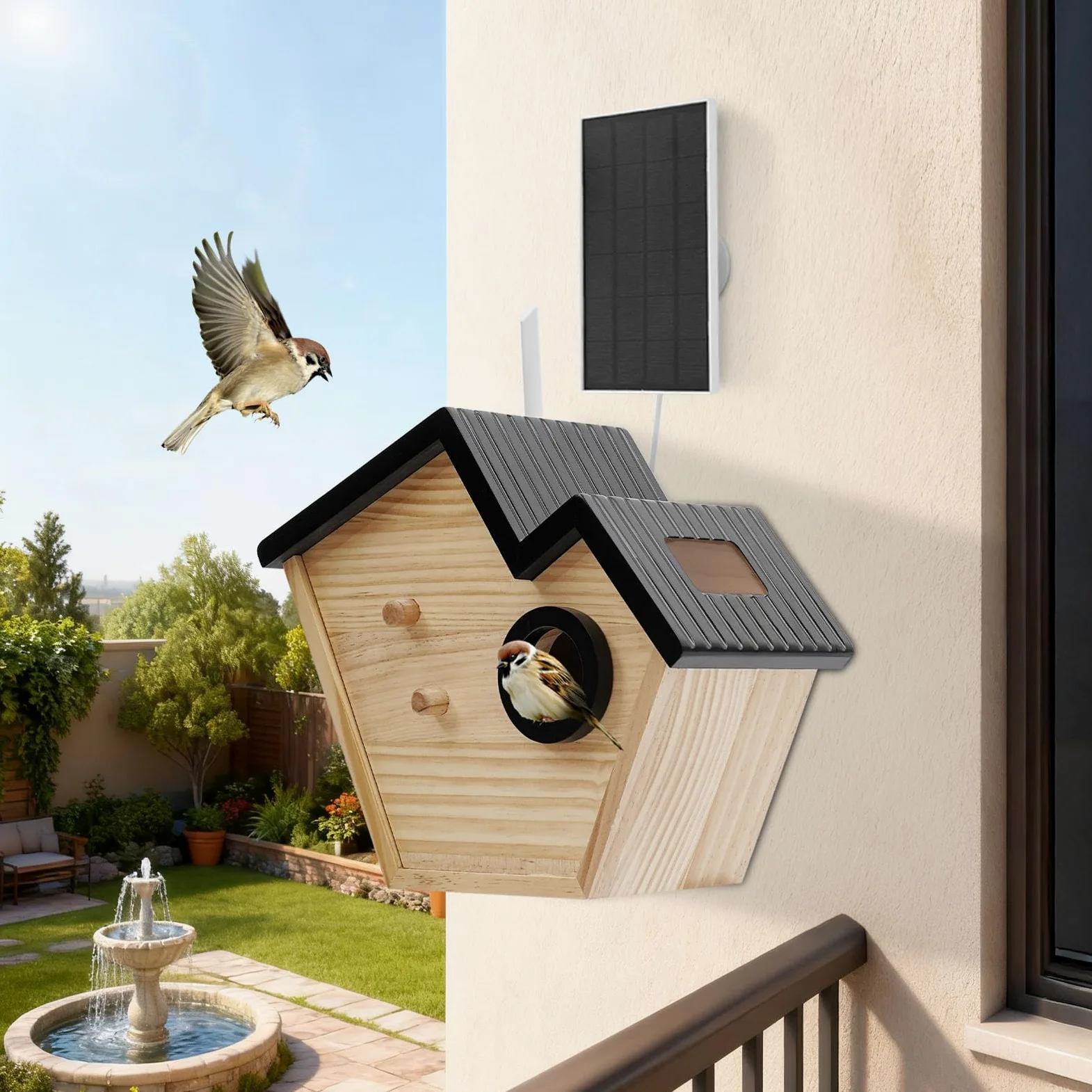 Casetta per uccelli con telecamera e pannello solare, nidificatore con rilevamento di uccelli KI, IP65 resistente alle intemperie, batteria da 4400 mAh, per giardino e balcone