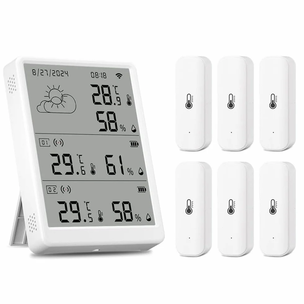 Sensore igrometro Wlan per Tuya per SmartLife, sensore di umidità della temperatura, termometro Wlan con app per casa serra (1 stazione base + 6 sensori)