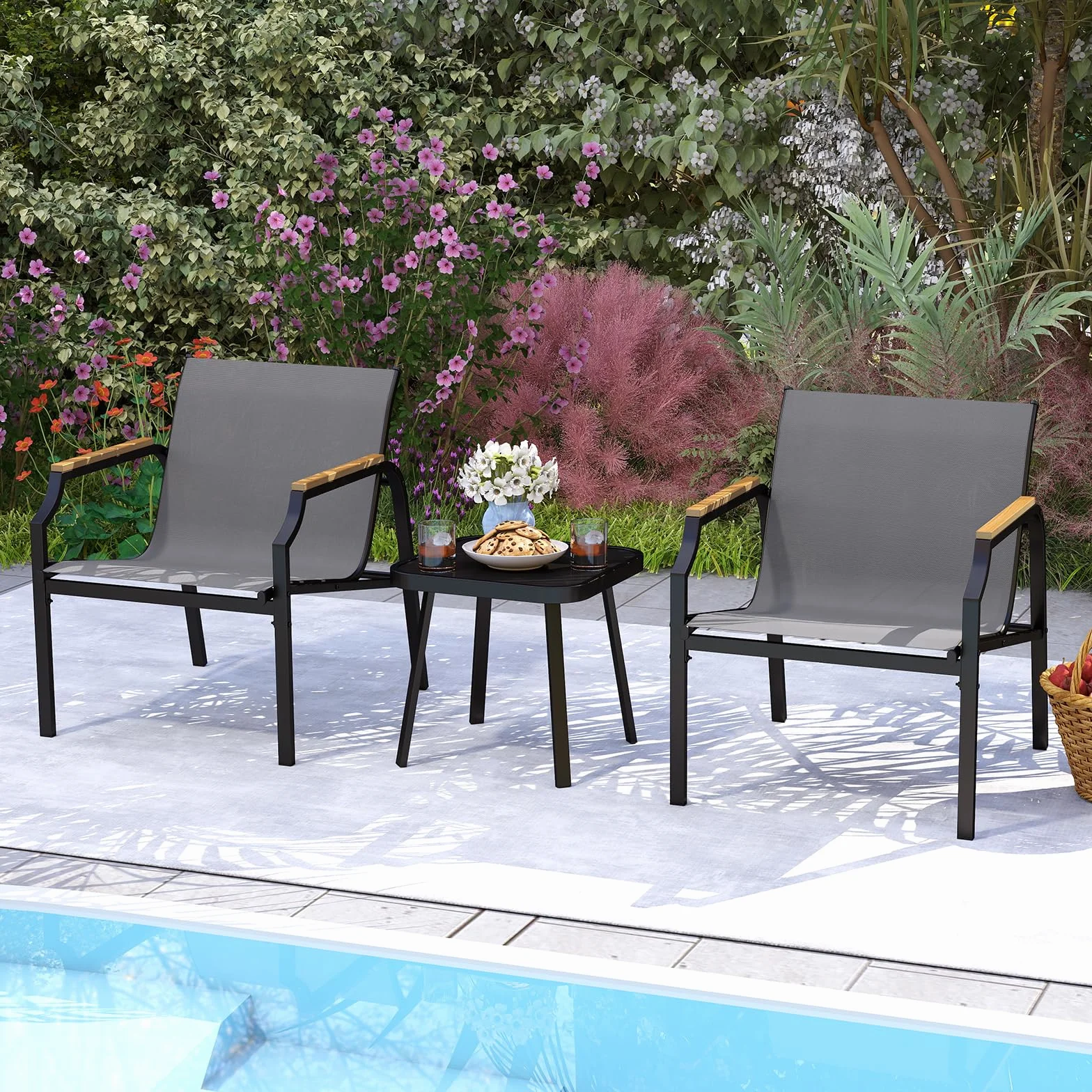 RELAX4LIFE Tavolo da Giardino con Sedie, Tavolino Salotto con Piano in Vetro Temperato e 2 Poltrona Moderne in Tessuto Traspirante, Set Bistrò 3 Pezzi per Terrazza/Patio/Balcone, Portata 150KG+50KG