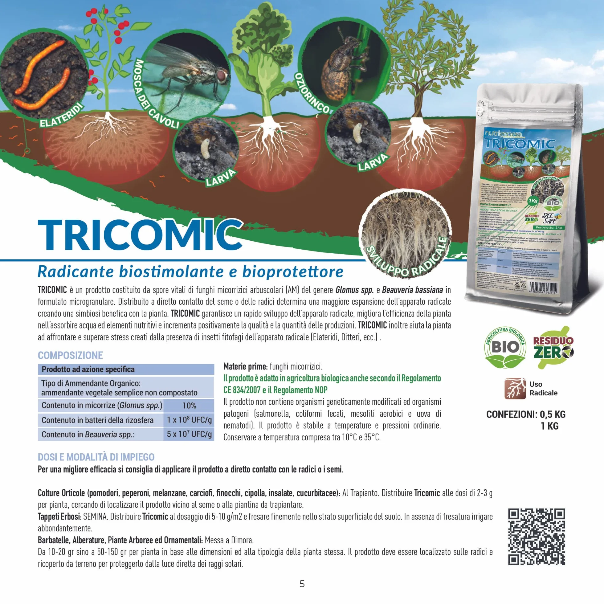 Nutrigenera - Tricomic Bio – Inoculo di funghi micorrizici, Beauveria bassiana, Metarhizium – Stimola l’espansione radicale – 1 Kg