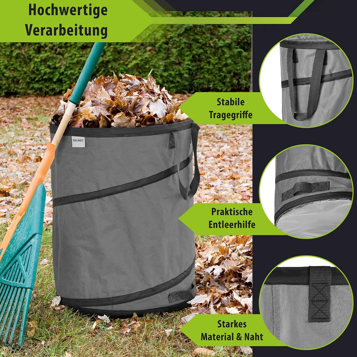 3x 170 litri sacco pop-up per rifiuti da giardino grigio autoportante e stabile | sacco per foglie | sacco per rifiuti verde pieghevole, grande in poliestere estremamente robusto 220 g/m²