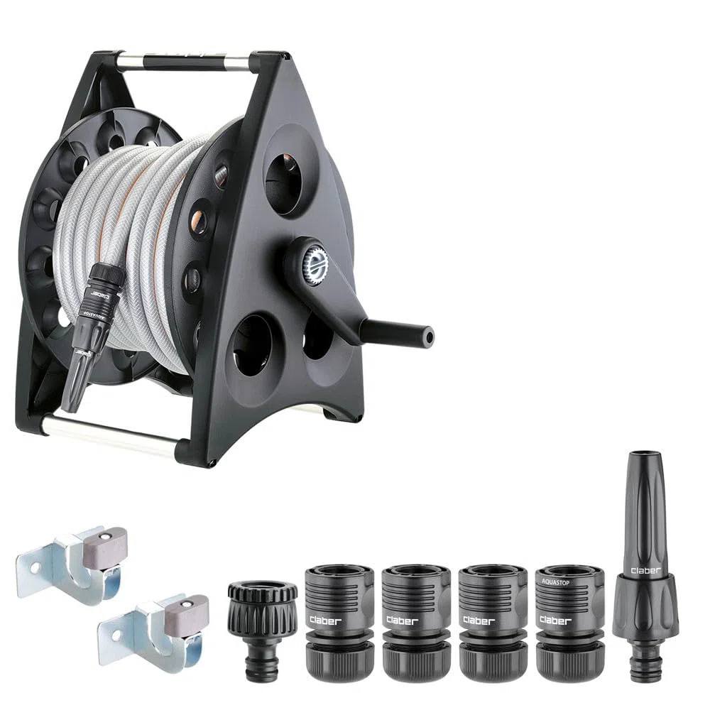 Claber Kiros kit, avvolgitubo manuale da giardino in plastica e alluminio, portatile installabile a parete con tubo e lancia