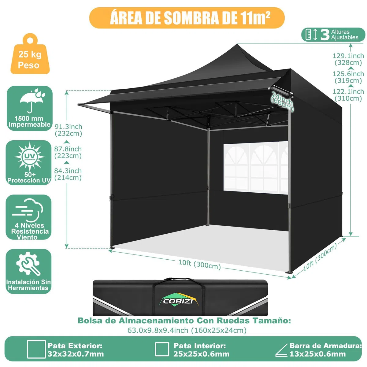 COBIZI Gazebo 3x3 Pieghevole con Parasole e Pannelli Laterali,Nero | Impermeabile UV50+ Gazebo Esterno Resistente 3x3 Tendone da Esterno Tenda per Giardino Auto Campeggio Spiaggia Fiere