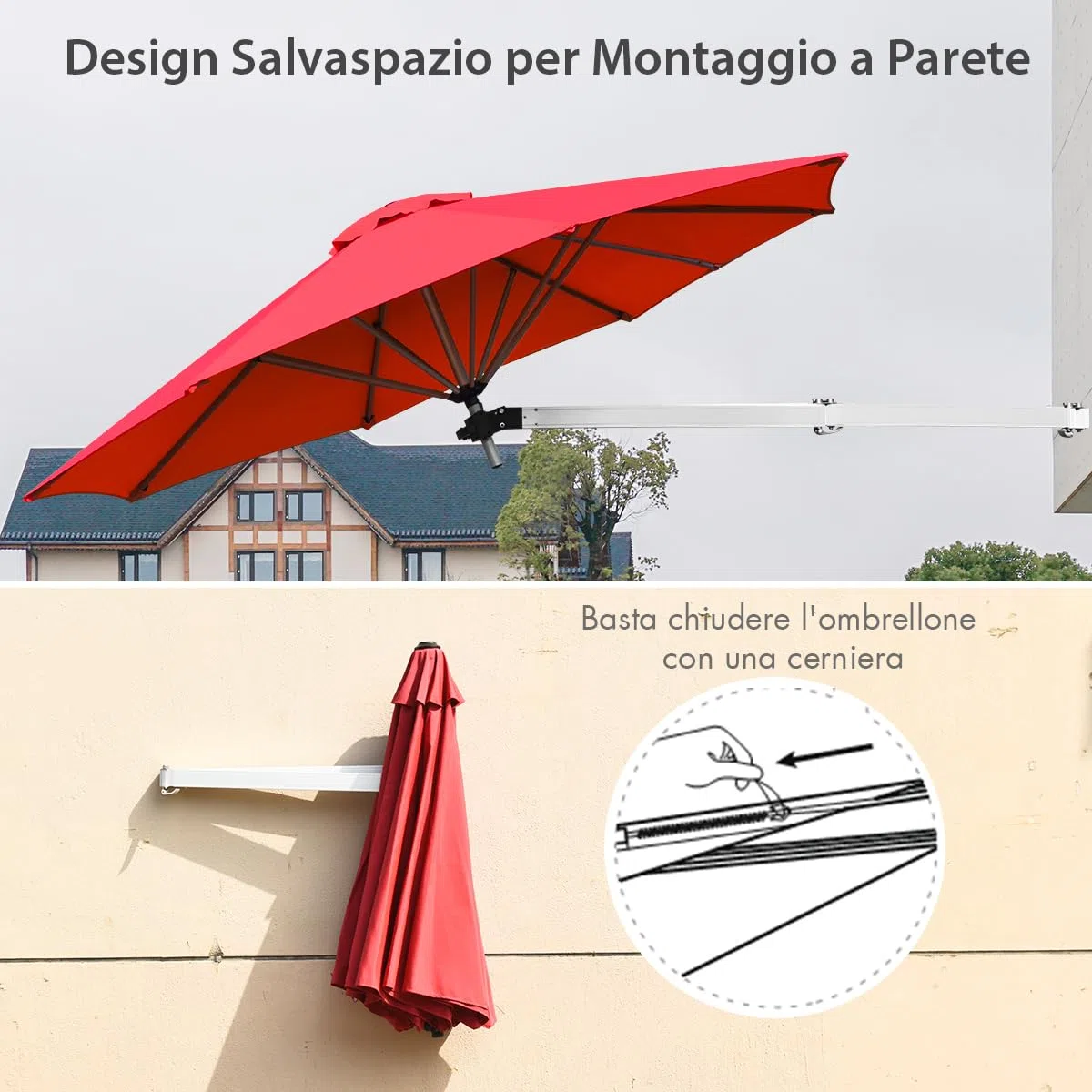 COSTWAY Ombrellone da Parete 250 cm, Ombrellone da Muro per Giardino con Angolo Regolabile, Parasole Esterno Pieghevole Anti UV, per Giardino, Balcone e Cortile (Rosso)