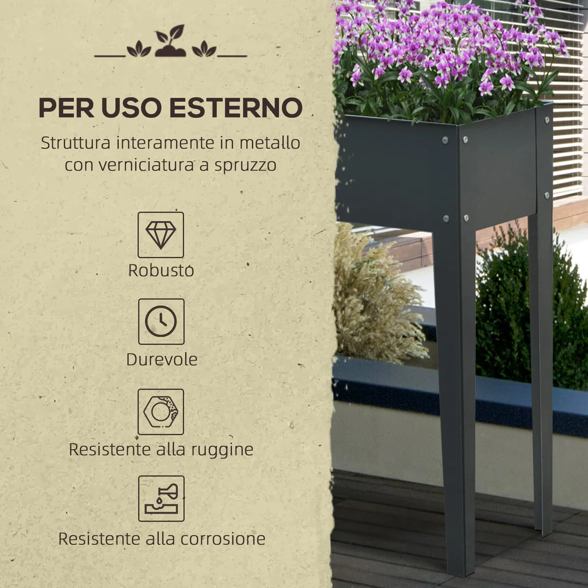 Outsunny Fioriera da Esterno Rialzata con 3 Fori di Drenaggio, Fioriera in Metallo per Giardino e Balcone, 100x30x80 cm, Grigio Scuro