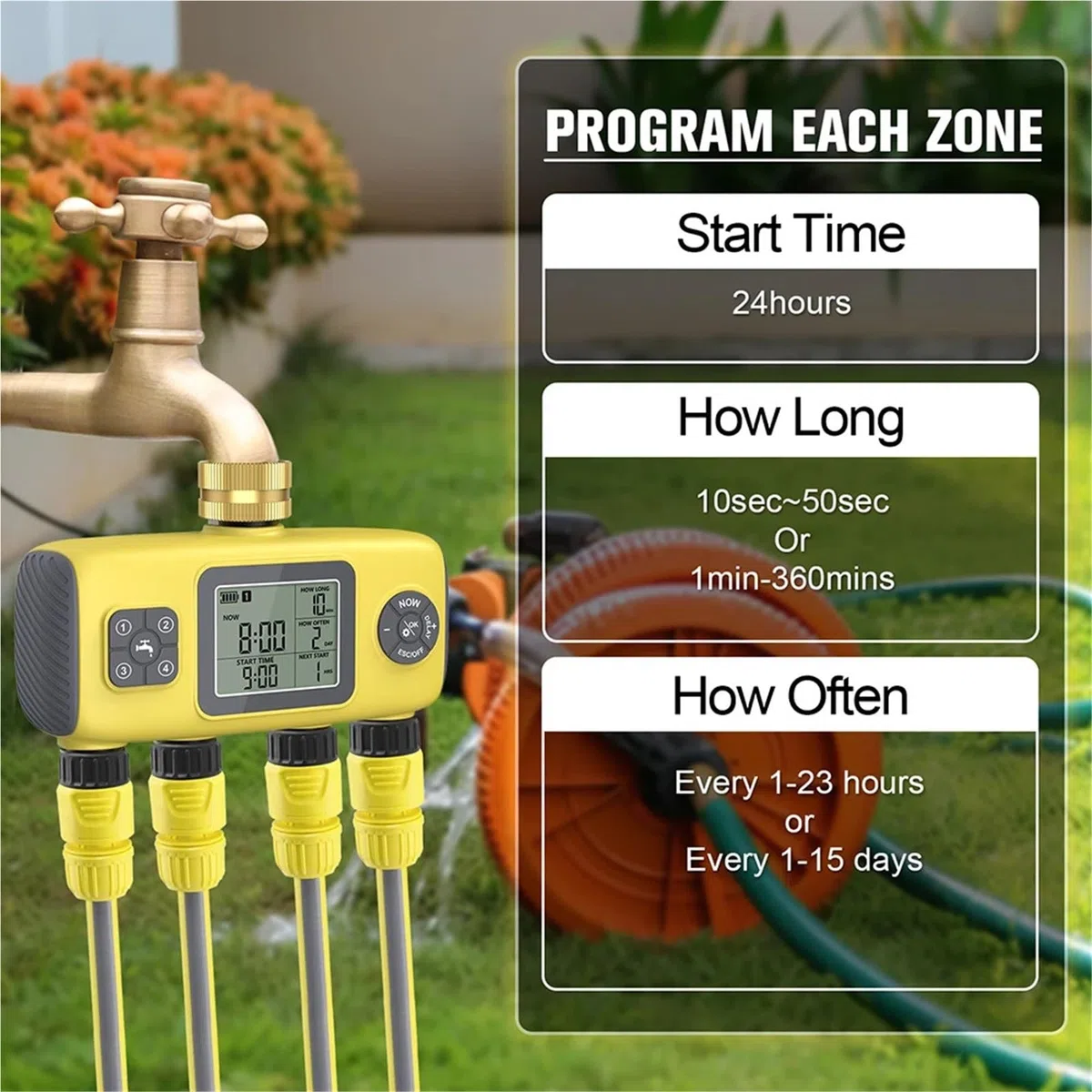 Timer acqua a 4 uscite Il più recente di irrigazione automatica da giardino a 4 zone Temporizzazione intelligente degli irrigatori for il controller di irrigazione del giardino