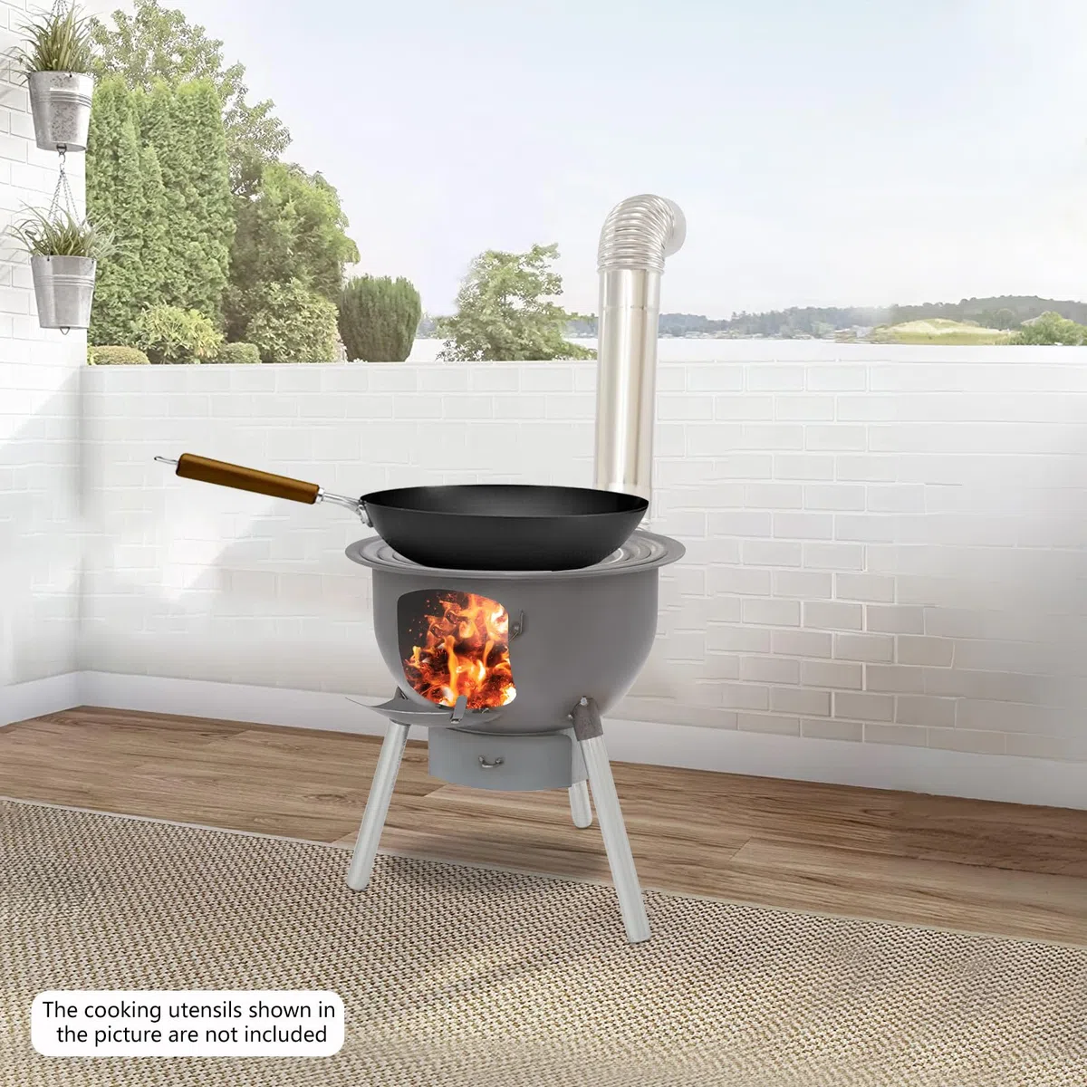Stufa a legna per esterni con griglia, braciere da campeggio in acciaio, fornello portatile per giardino, campeggio, terrazza, picnic