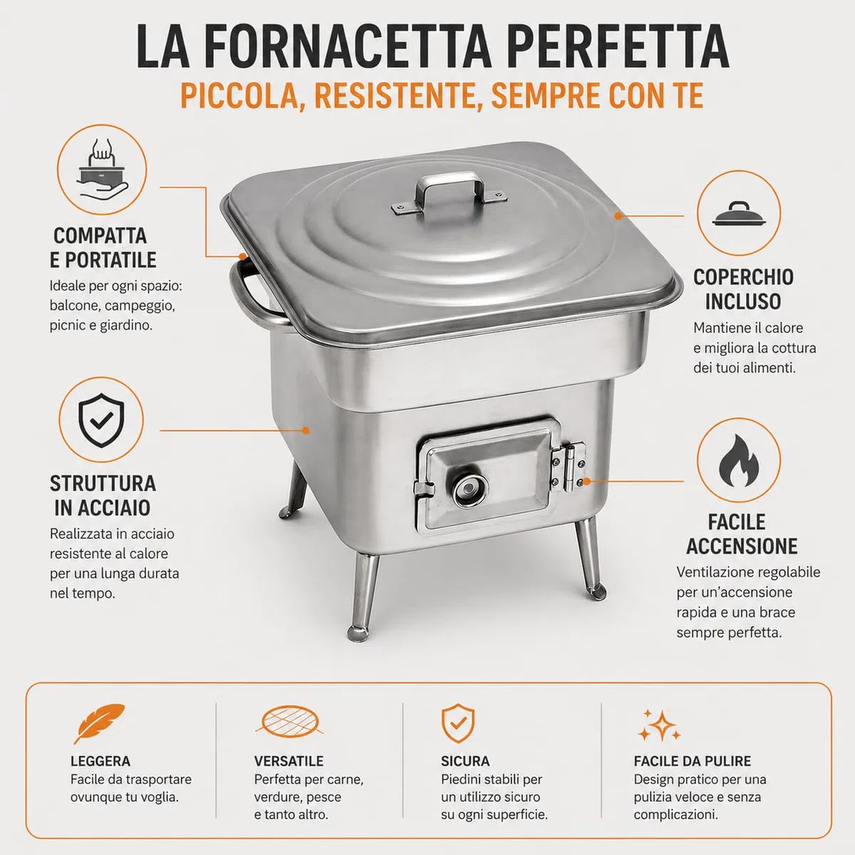 Barbecue a Carbonella Acciaio – Fornacella Piccola BBQ Portatile Griglia Brace per Giardino Terrazza Camping – Carbonella e Legna – Grigliata Famiglia Outdoor