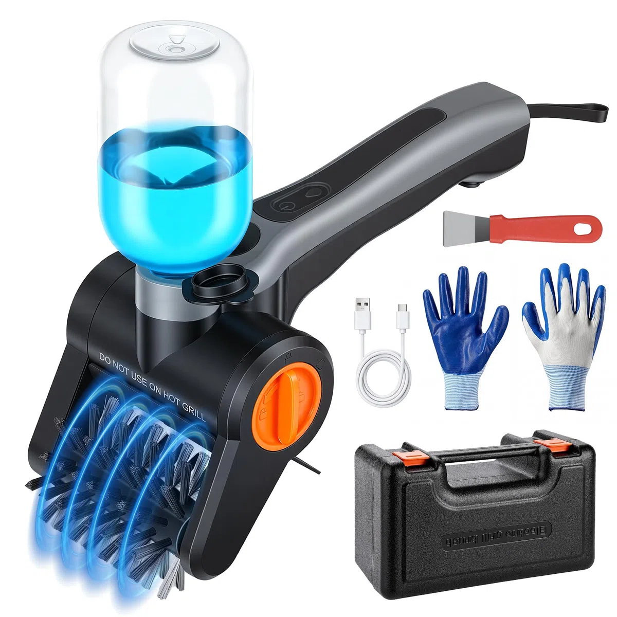 Pulisci Griglia BBQ Elettrico 100W con Flacone Spray – Ricaricabile 7,4V, 2 Velocità, 90 Min di Autonomia, IPX8 Impermeabile – Spazzola Elettrica per Barbecue Pulizia BBQ con Scatola Portautensili