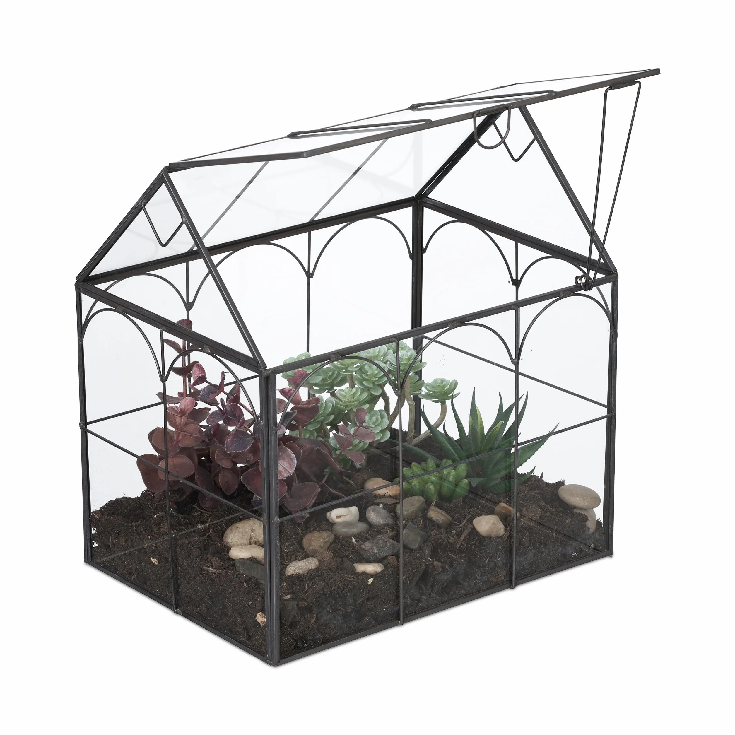 Relaxdays Terrario Piante, Mini Serra in Vetro e Zinco, Teca per Piantine Grasse e Muschi, Vaso Ecosistema Chiuso, Nero